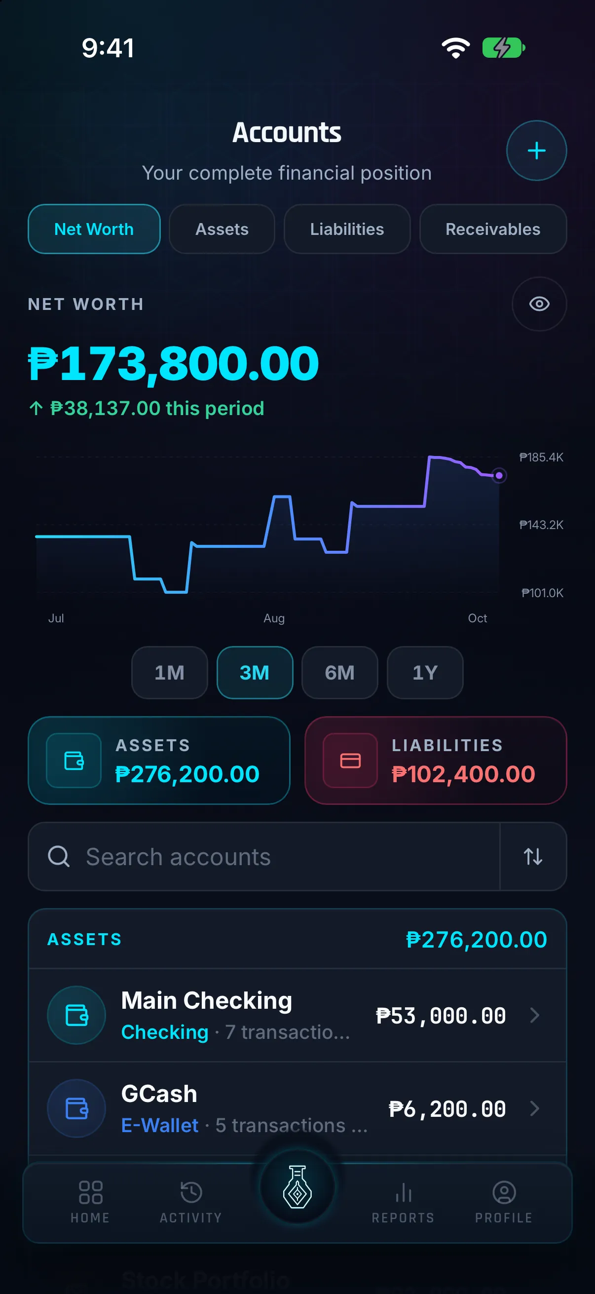Hunter Vault Accounts screen showing net worth over three months, total assets and liabilities, and the start of the vault list