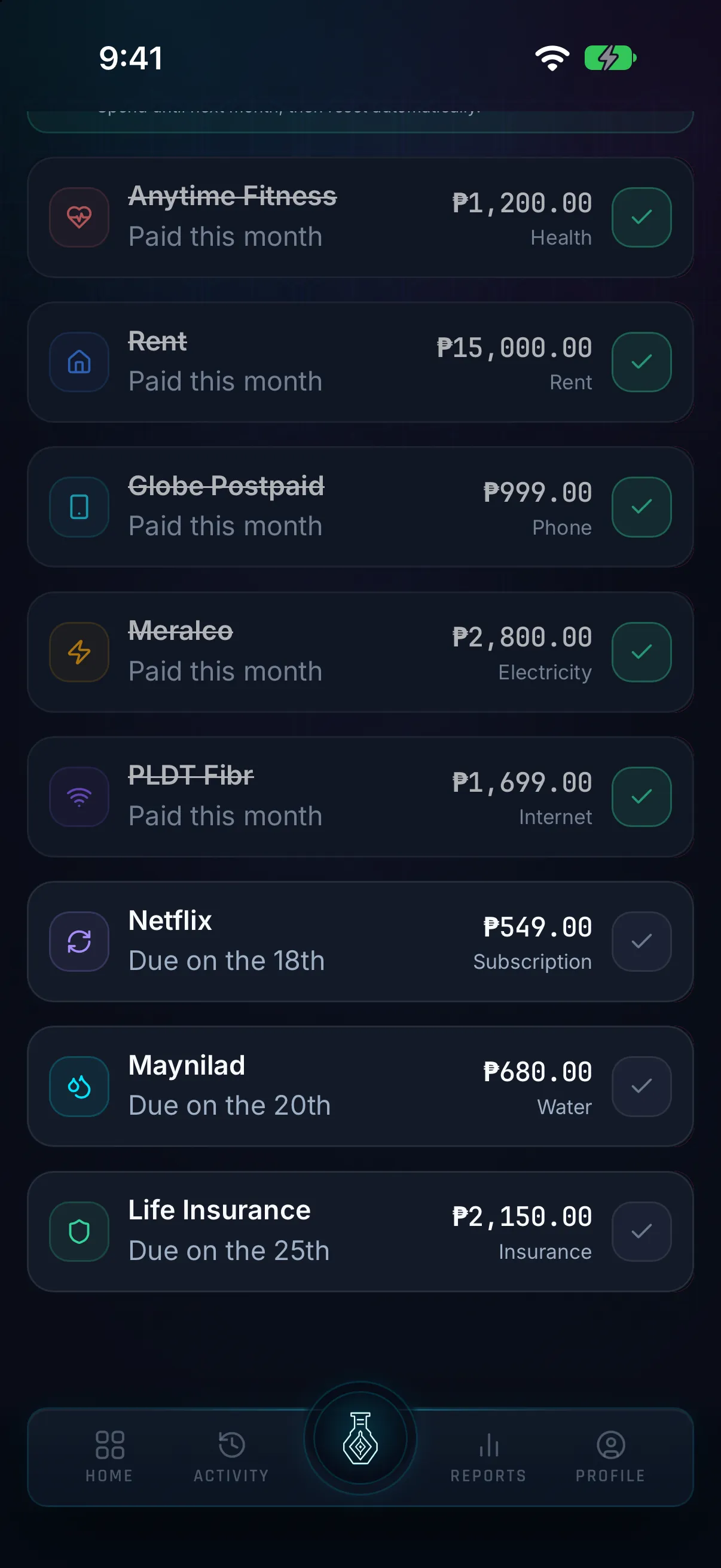 Hunter Vault bill list with this month's paid bills checked off and Netflix, Maynilad and Life Insurance still due on the 18th, 20th and 25th