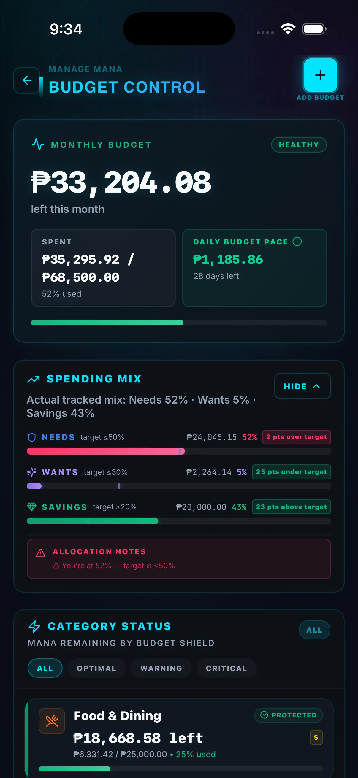Hunter Vault 50/30/20 budget split view with needs, wants, and savings categories