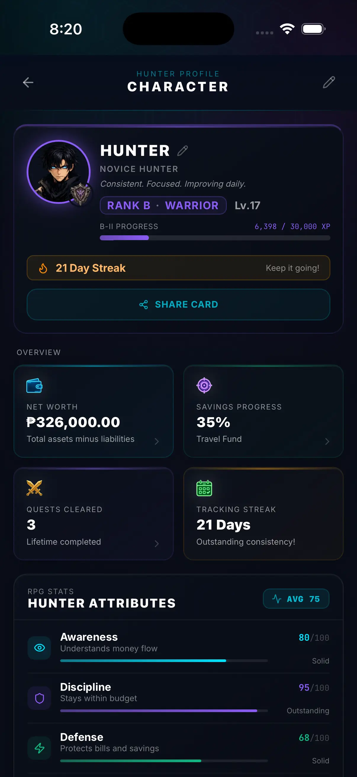 Hunter Vault money habits screen with a daily check-in, a no-spend day, and a streak counter