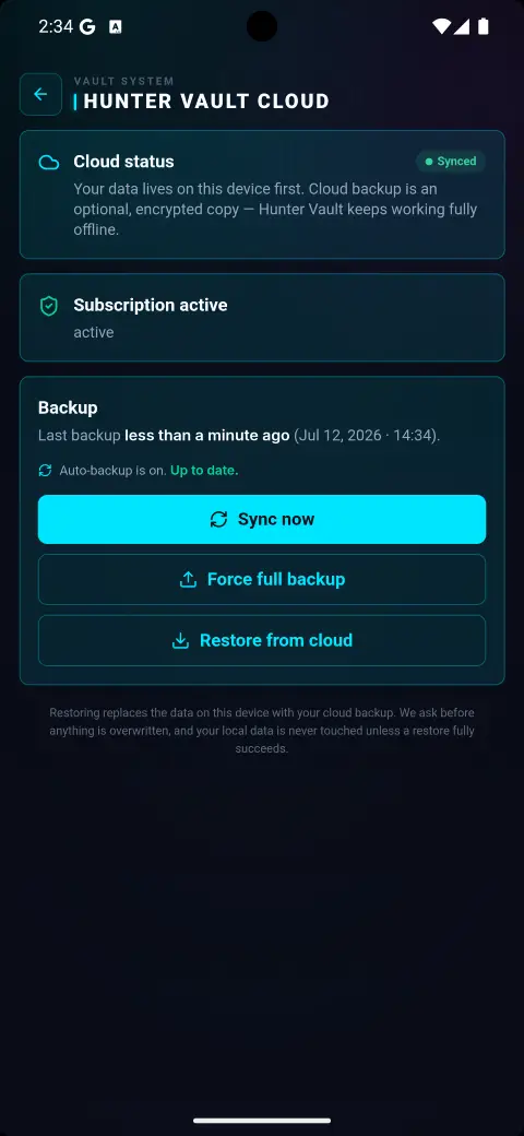 Hunter Vault cloud sync screen showing backup status and last sync time