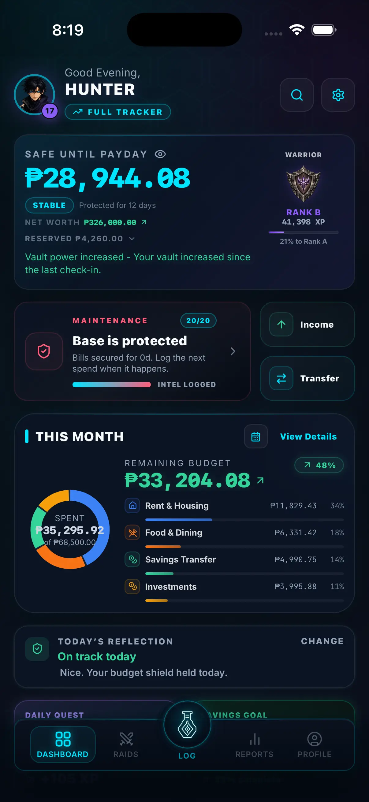 Hunter Vault showing the Safe-to-Spend amount after bills, debt, and savings are deducted from the balance