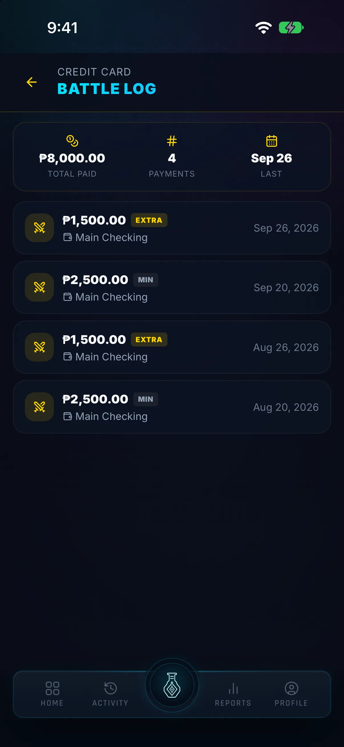 Hunter Vault debt battle log listing each credit card payment with its amount, type and date