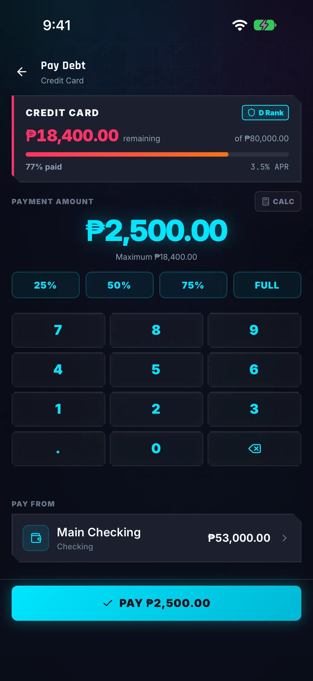 Hunter Vault Pay Debt screen entering a ₱2,500 credit card payment from Main Checking, with the balance remaining and percent paid