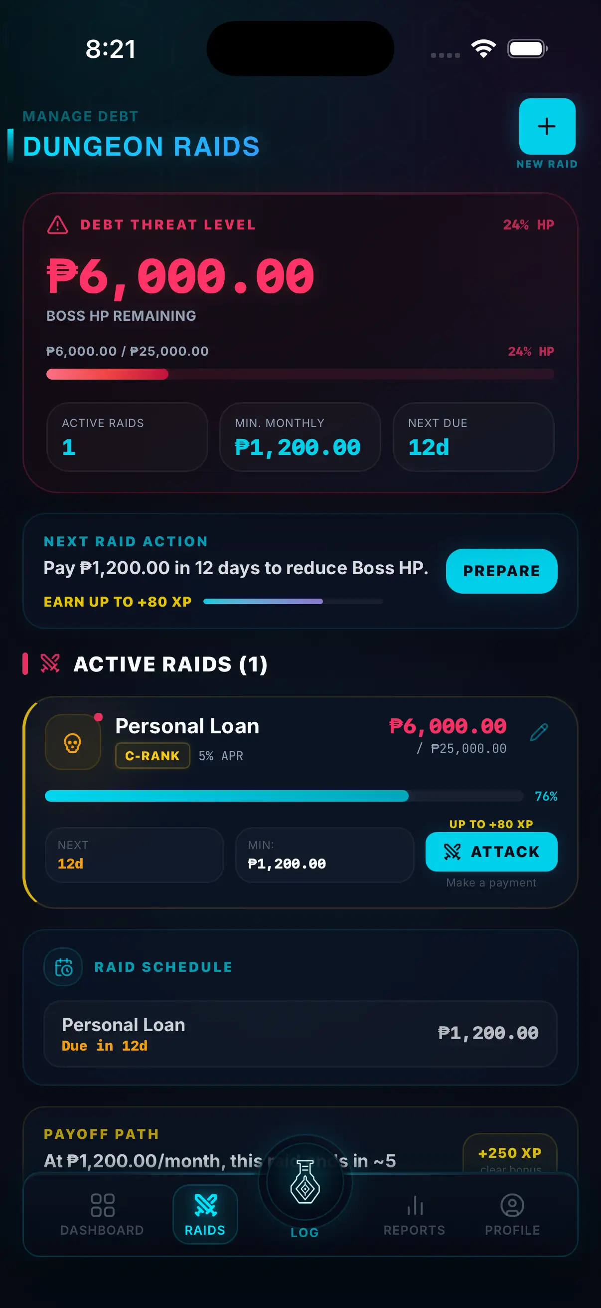 Hunter Vault debt payoff tracker showing a balance progress bar and next due date