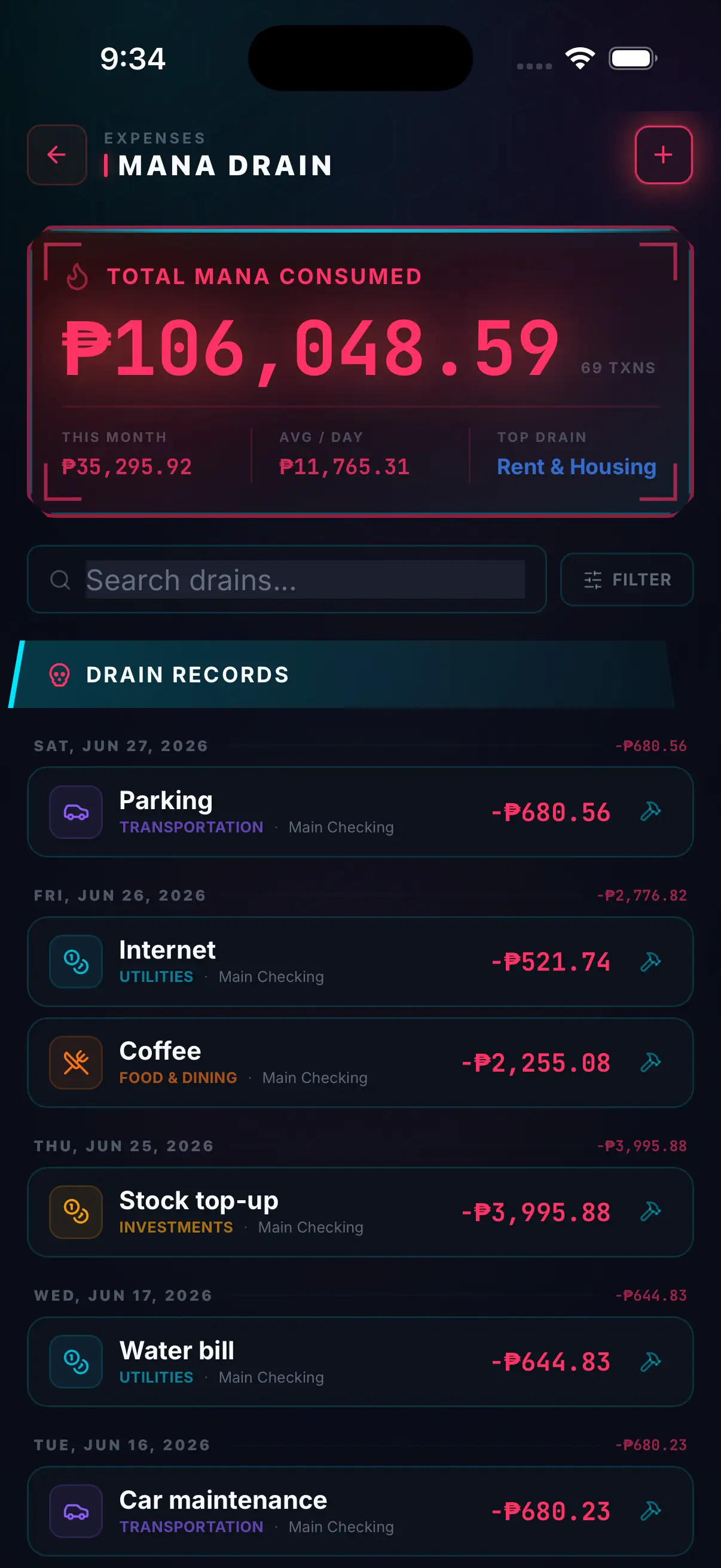 Hunter Vault transaction history scrollable timeline of all logged expenses
