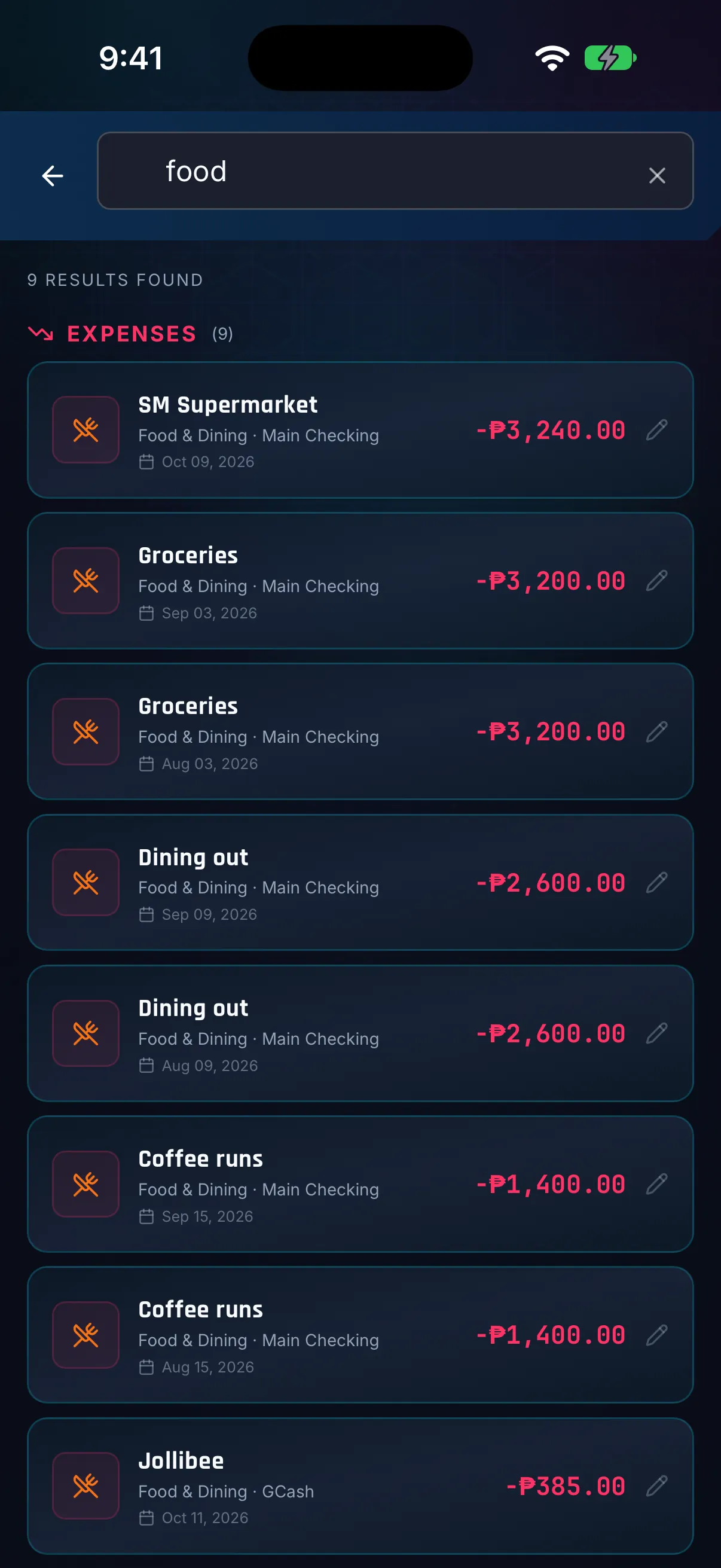 Hunter Vault global search showing nine food expenses found for the word food, each with its category, account and date