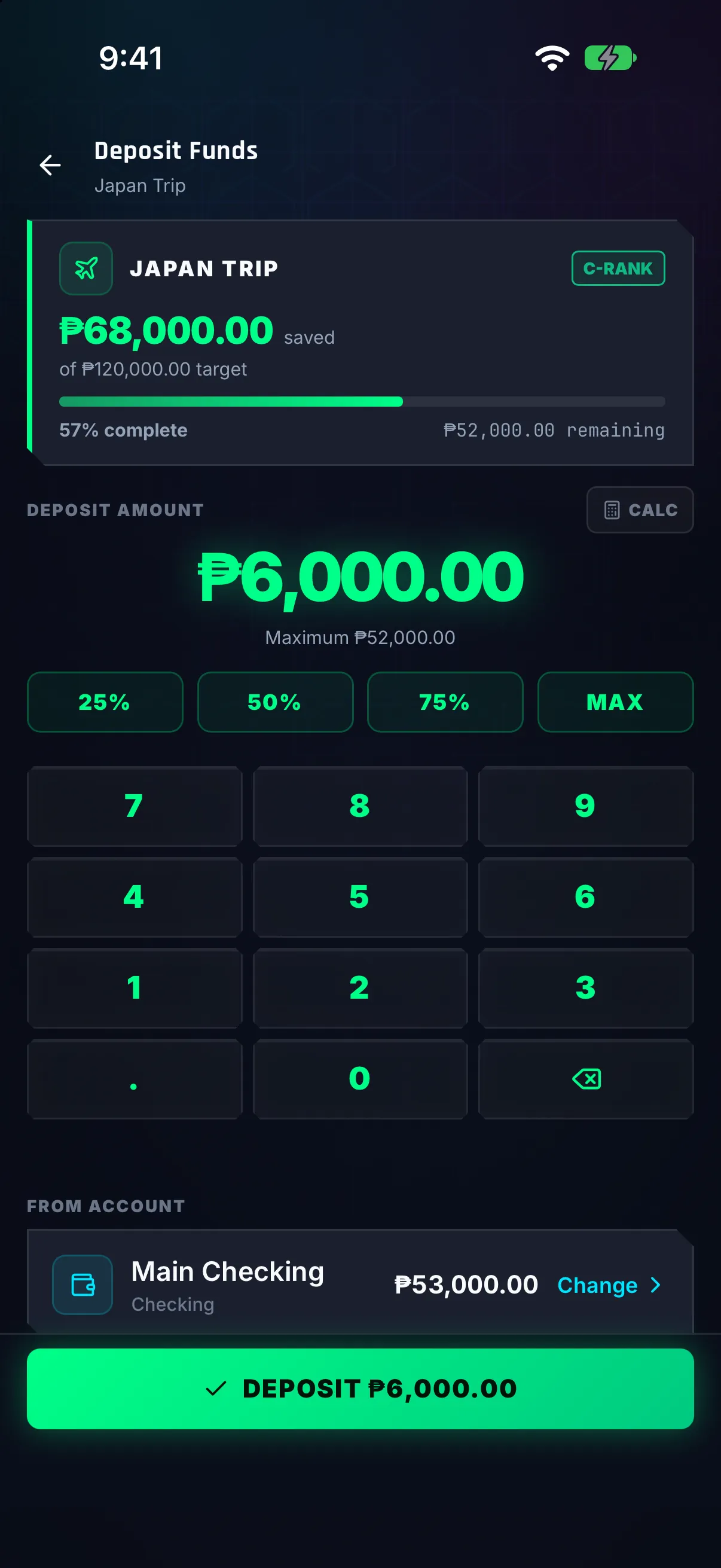 Hunter Vault Deposit Funds screen adding ₱6,000 to the Japan Trip goal from Main Checking, with the goal 57% complete