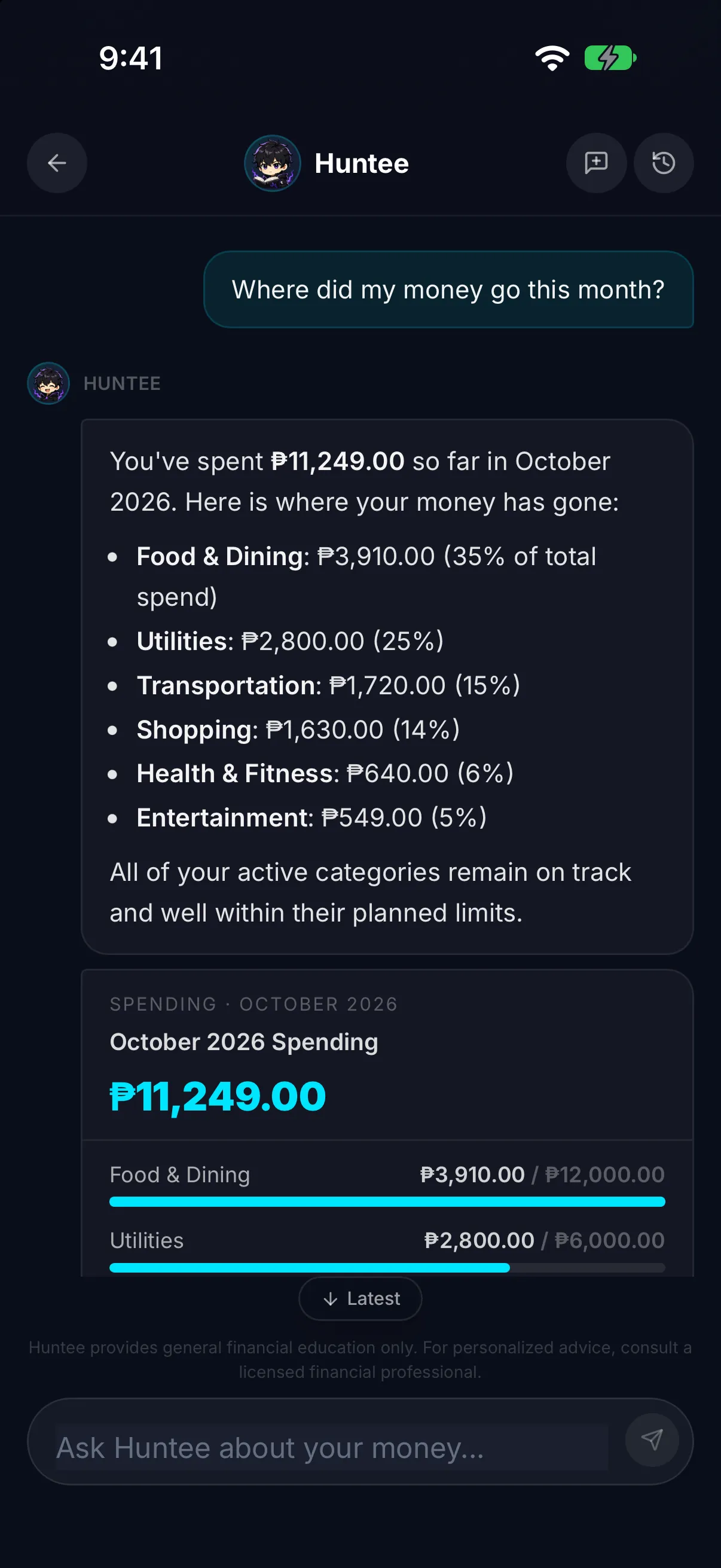 Huntee answering Where did my money go this month? with a category-by-category spending breakdown