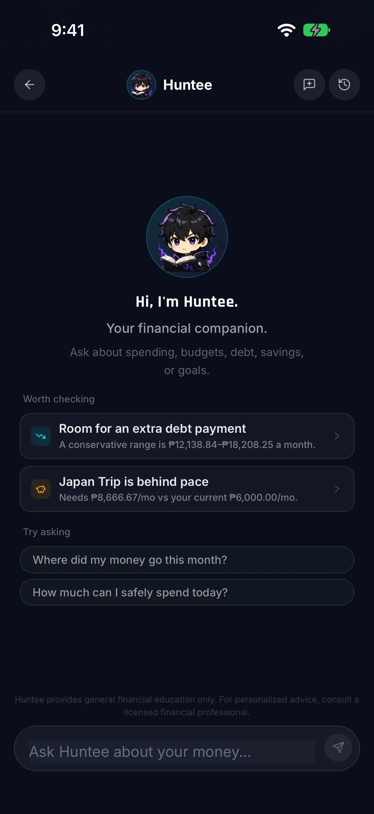 Huntee chat start screen with the Huntee mascot, Worth checking insights and suggested questions