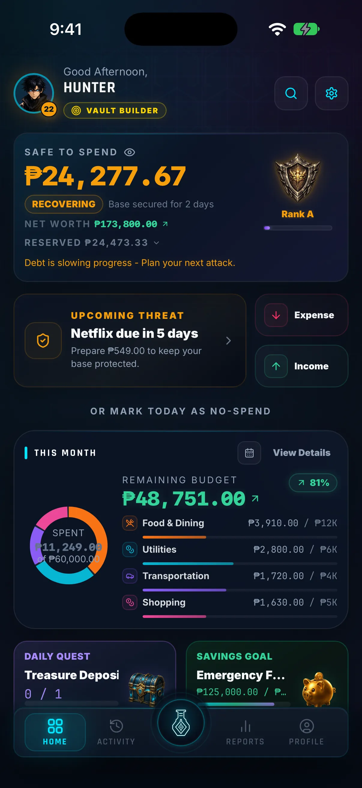Hunter Vault dashboard showing Safe to Spend and an Upcoming Threat card for the next bill due, Netflix in 5 days