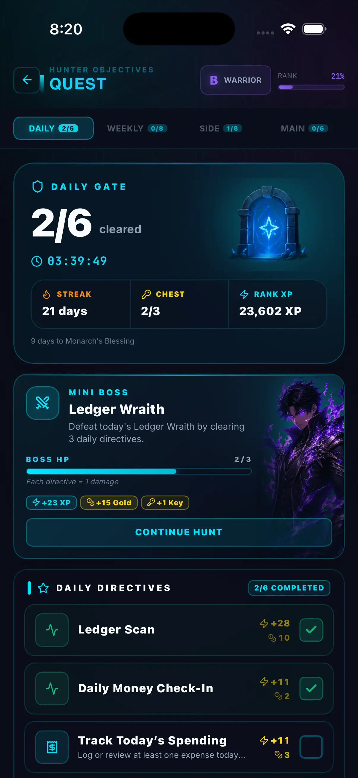 Hunter Vault expense log screen showing recent entries with XP earned