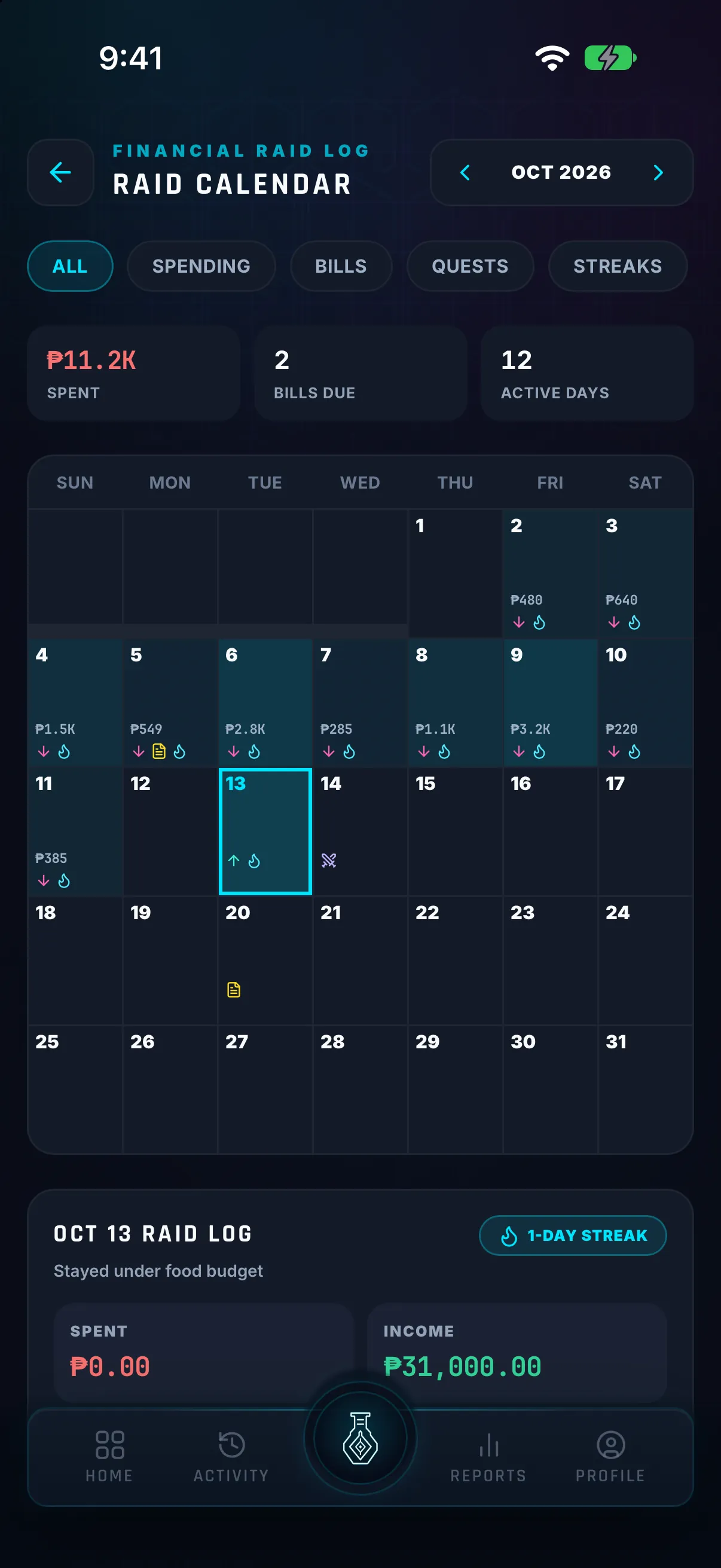 Hunter Vault Raid Calendar showing a month of daily spending with bill and streak markers, and today's raid log