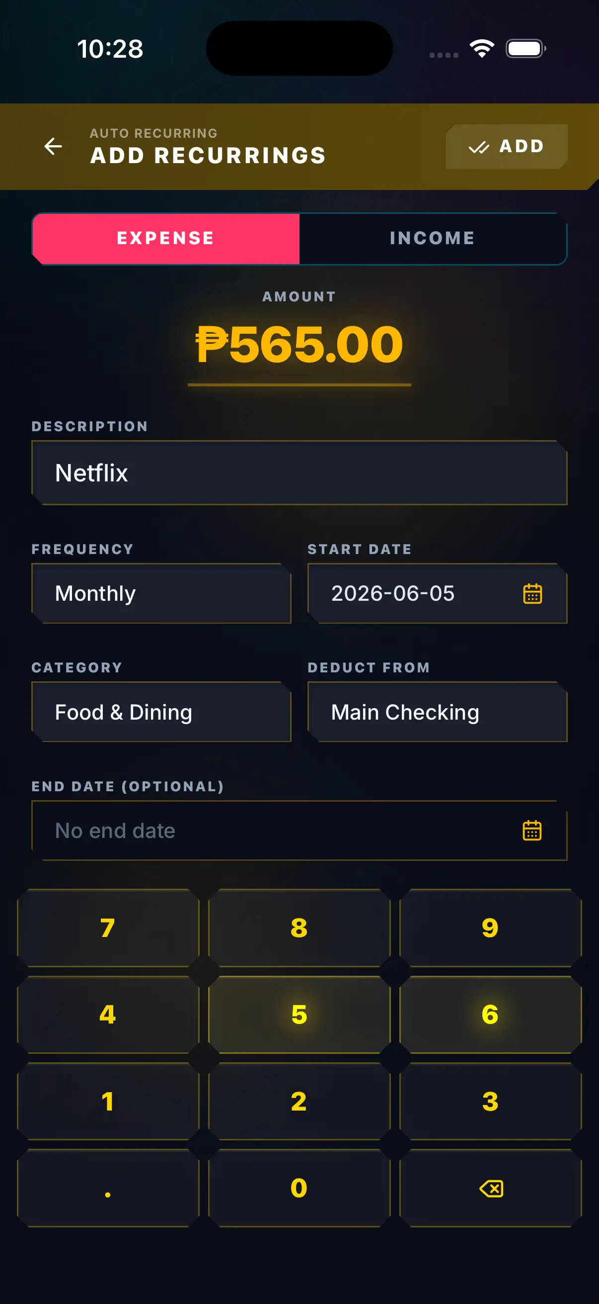 Hunter Vault recurring transactions list showing scheduled rent and salary with monthly frequency
