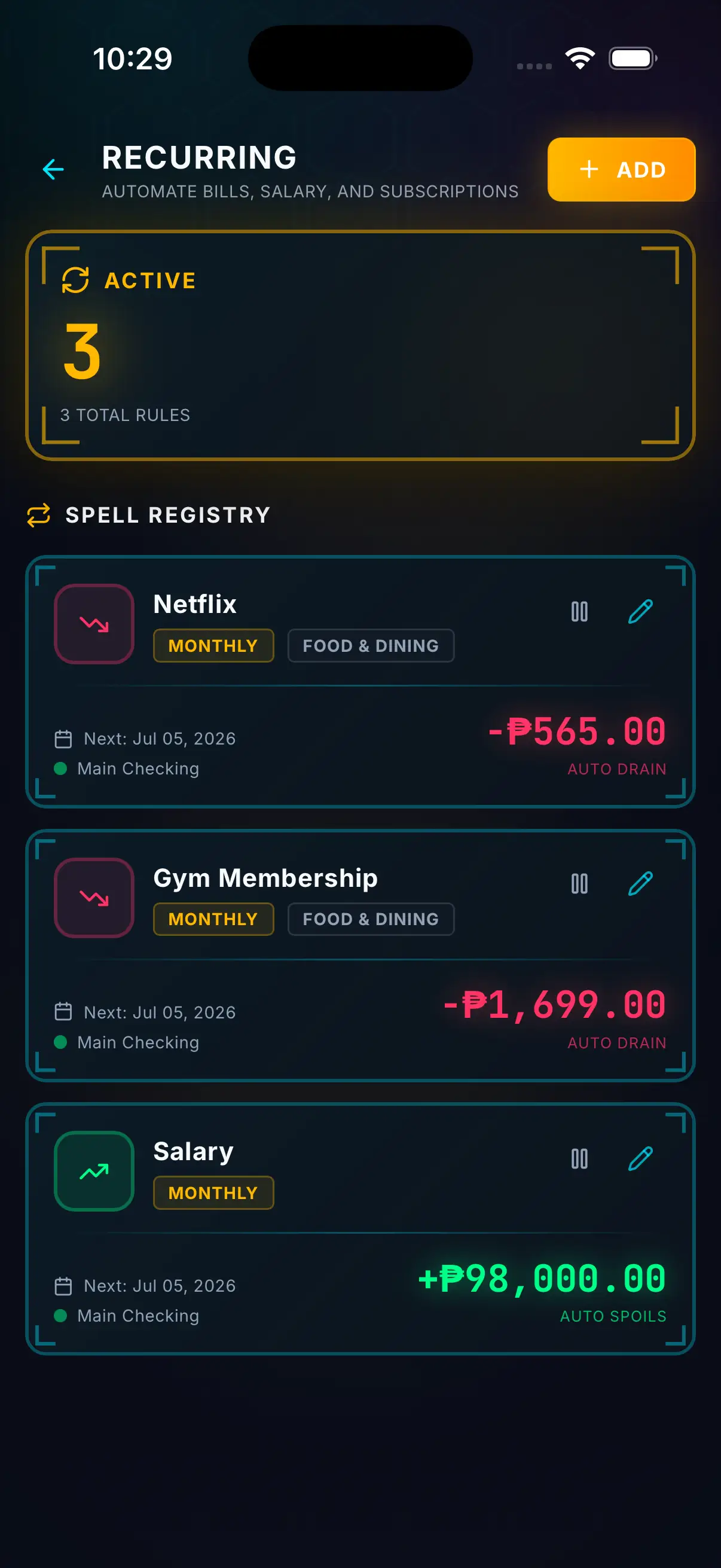 Hunter Vault recurring expense setup screen with frequency selector and next posting date