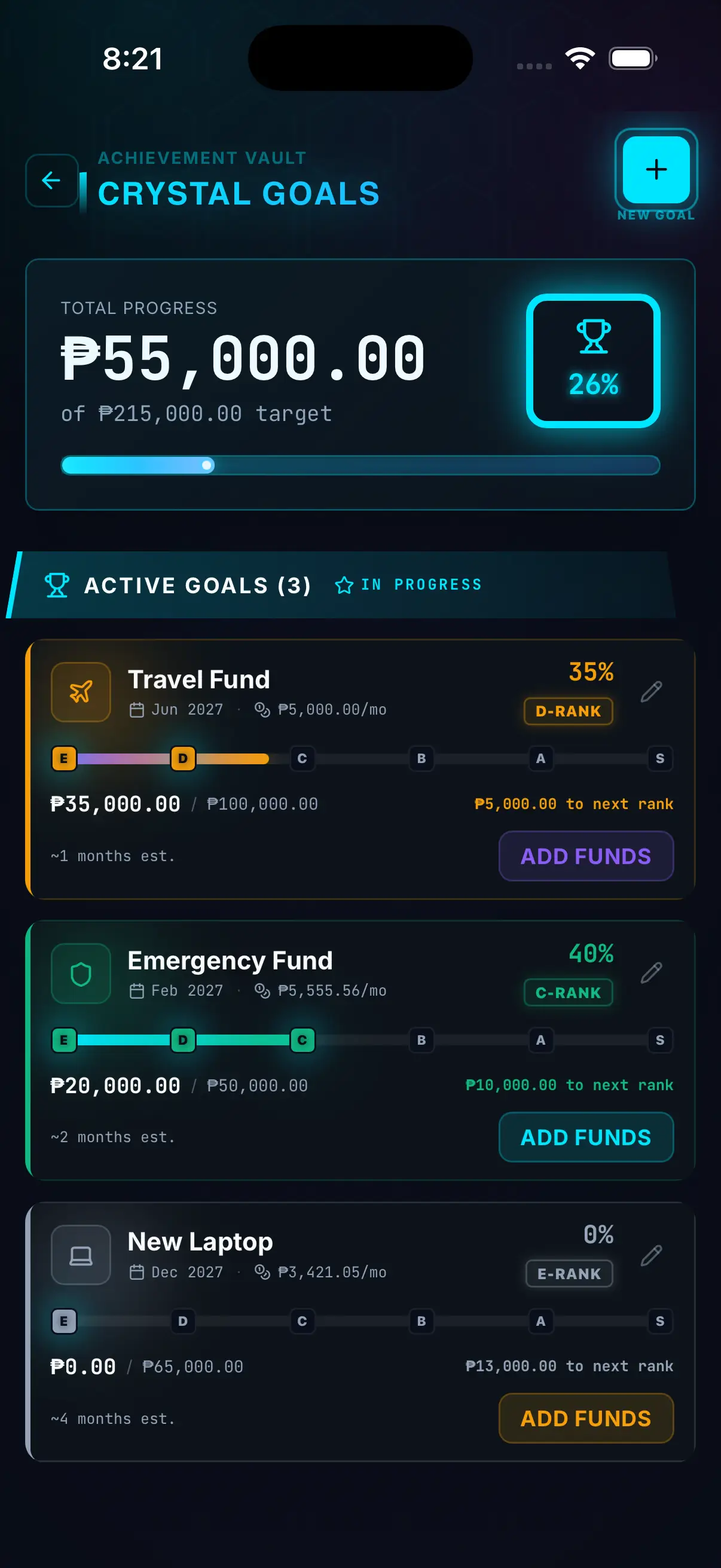 Hunter Vault savings goal tracker showing goals as progress bars filling toward a target