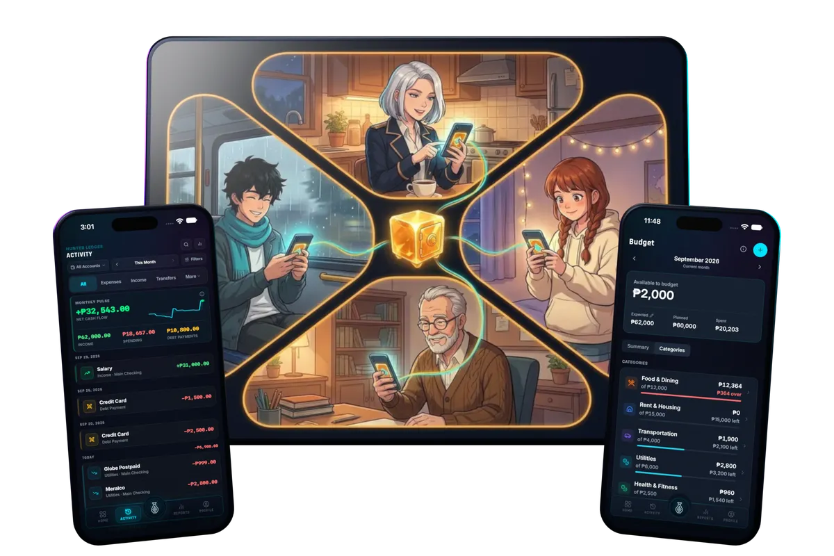 Illustration of four household members logging to one shared golden vault from different places, shown on a tablet between two phones with Hunter Vault's Activity and Budget screens