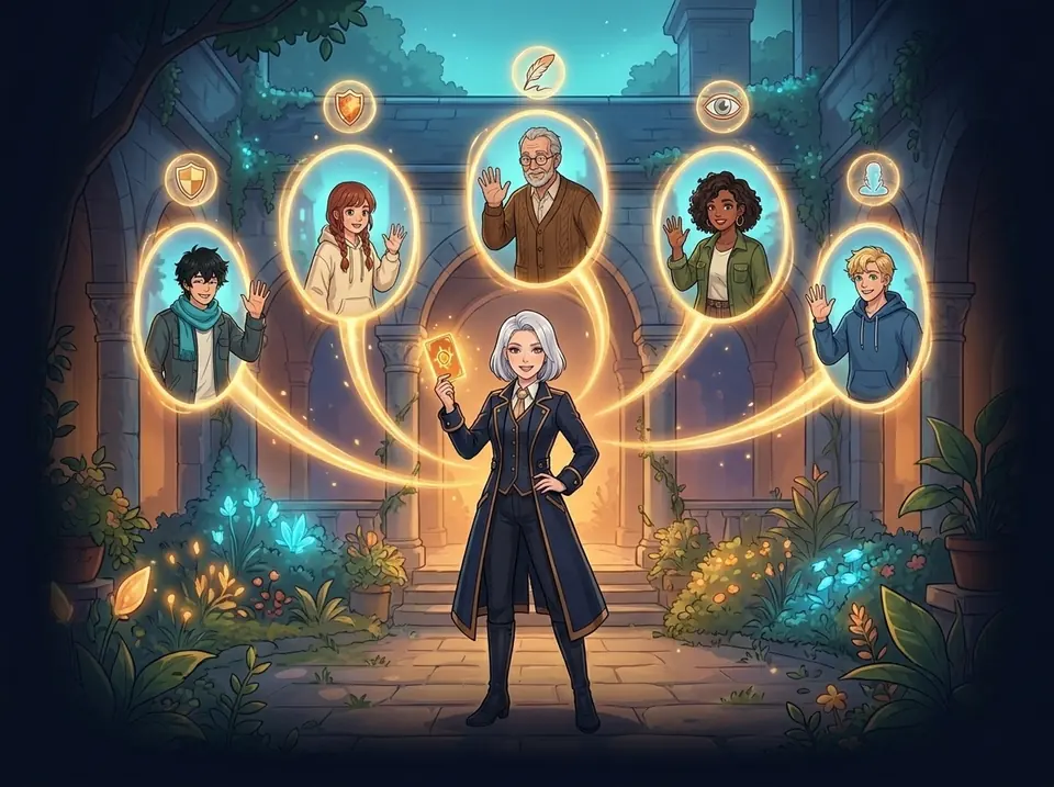 Illustration of a vault owner holding up a glowing invite card that sends light to five people waving from portals