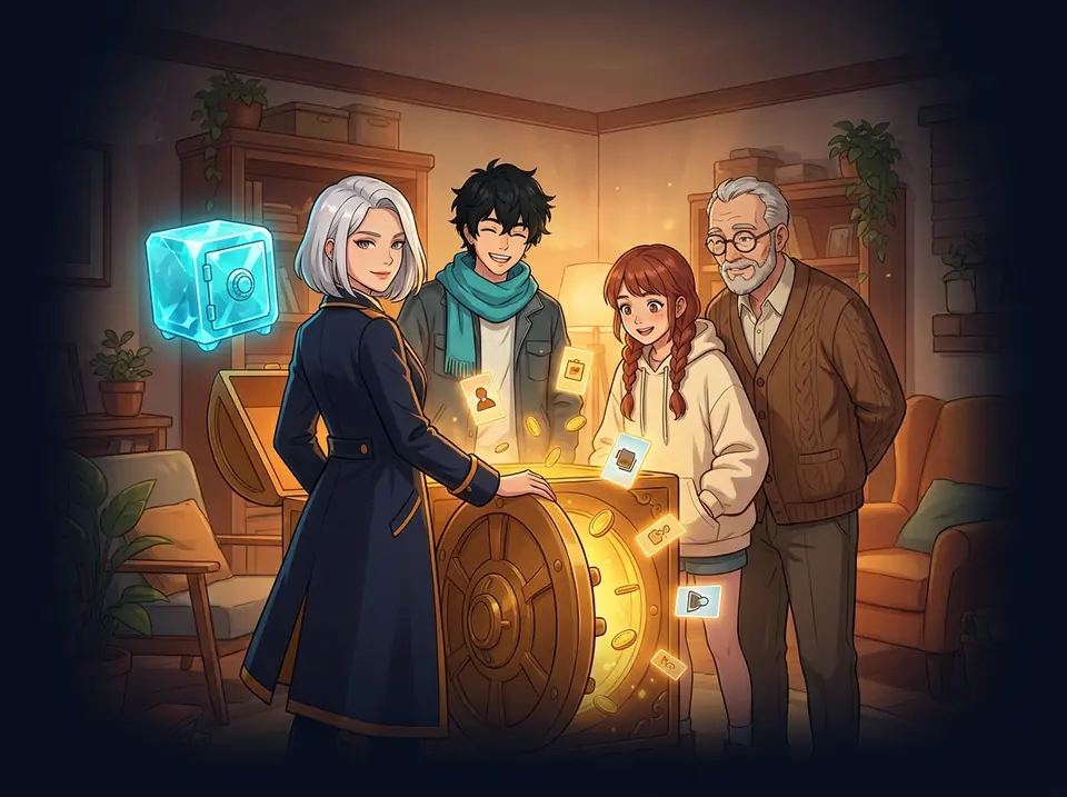 Illustration of a household gathered around an open golden vault while a small cyan personal safe glows separately beside one of them