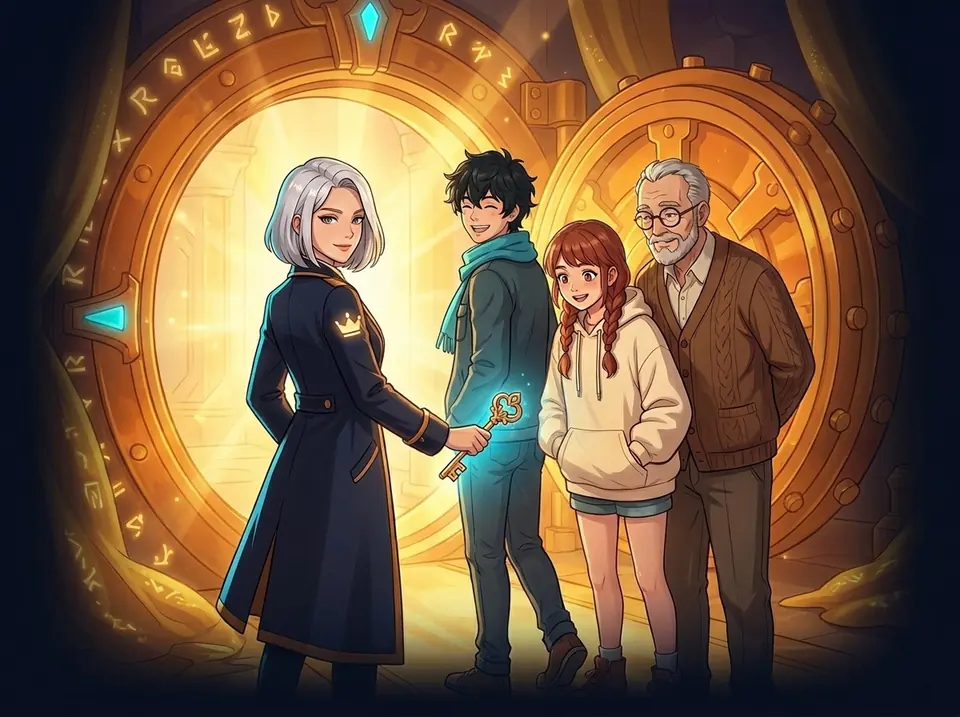 Illustration of a vault owner handing a golden key to her household in front of a glowing vault door