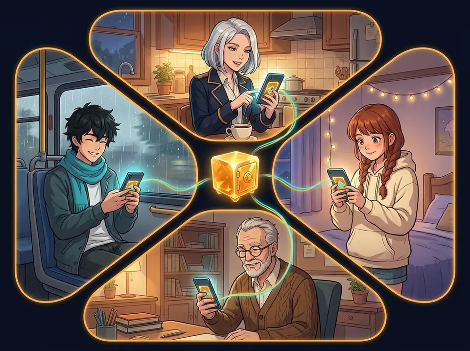Illustration of four household members in different places, each looking at a phone connected by light to one shared vault