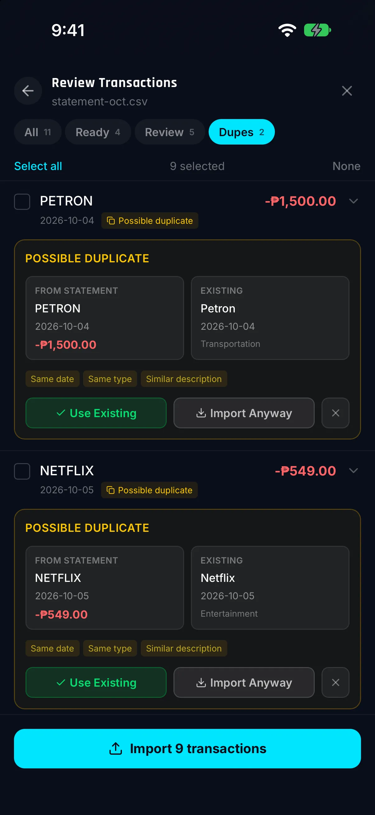 Hunter Vault Smart Import Dupes tab comparing statement rows with existing records, with Use Existing and Import Anyway buttons