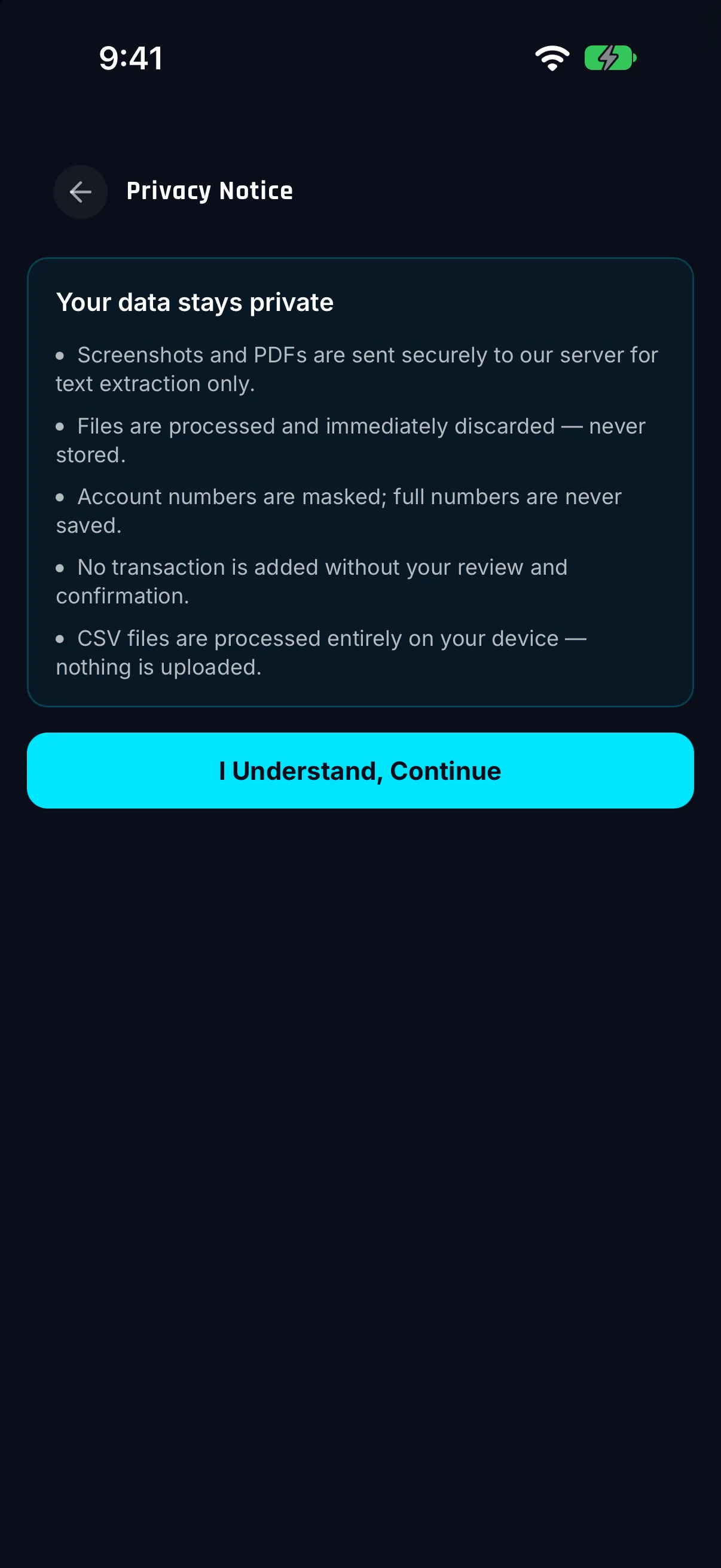 Hunter Vault Smart Import privacy notice explaining that CSV files are processed on the device and nothing is added without your review