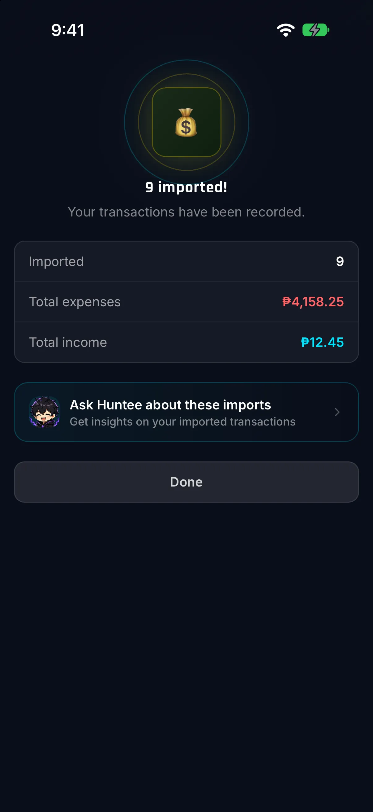 Hunter Vault Smart Import result showing 9 transactions imported with expense and income totals, and an Ask Huntee shortcut