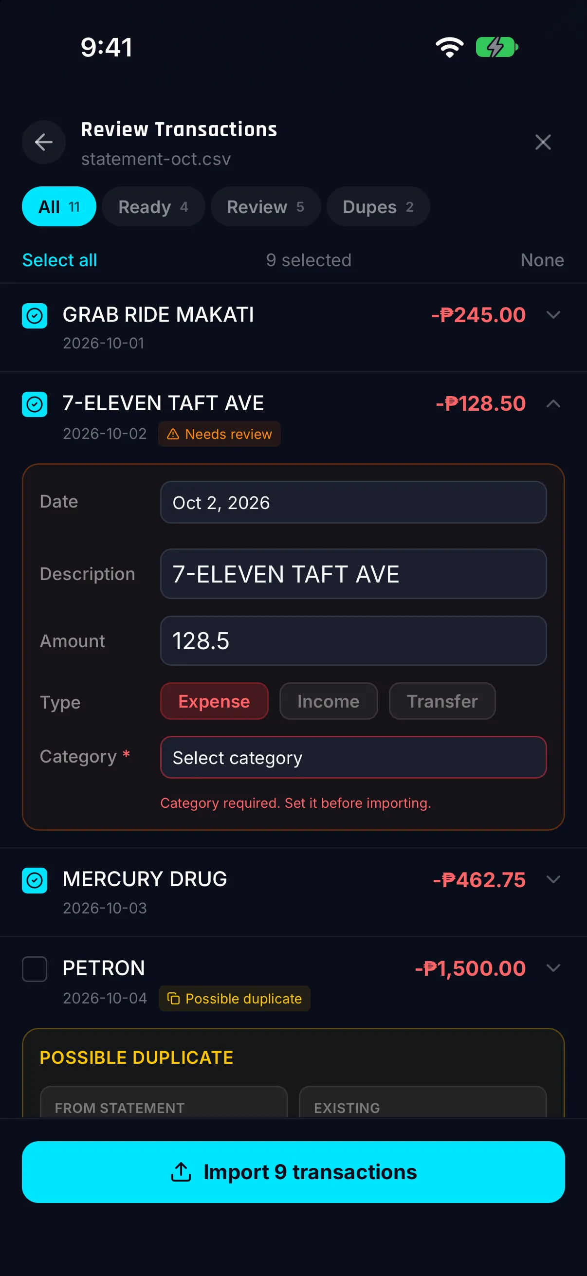 Hunter Vault Smart Import review screen with All, Ready, Review and Dupes tabs, a transaction that still needs a category, and a possible duplicate