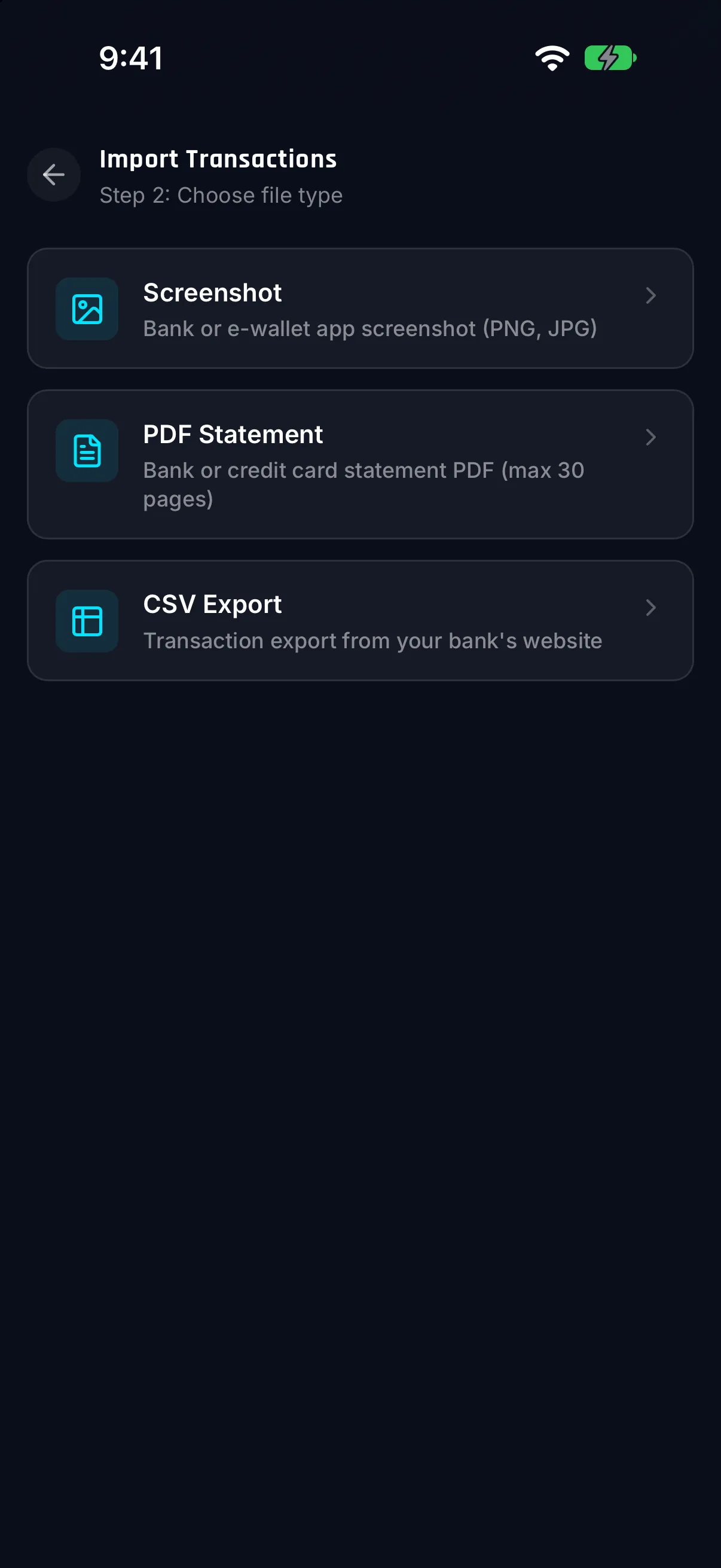 Hunter Vault Smart Import file type step with Screenshot, PDF Statement and CSV Export options