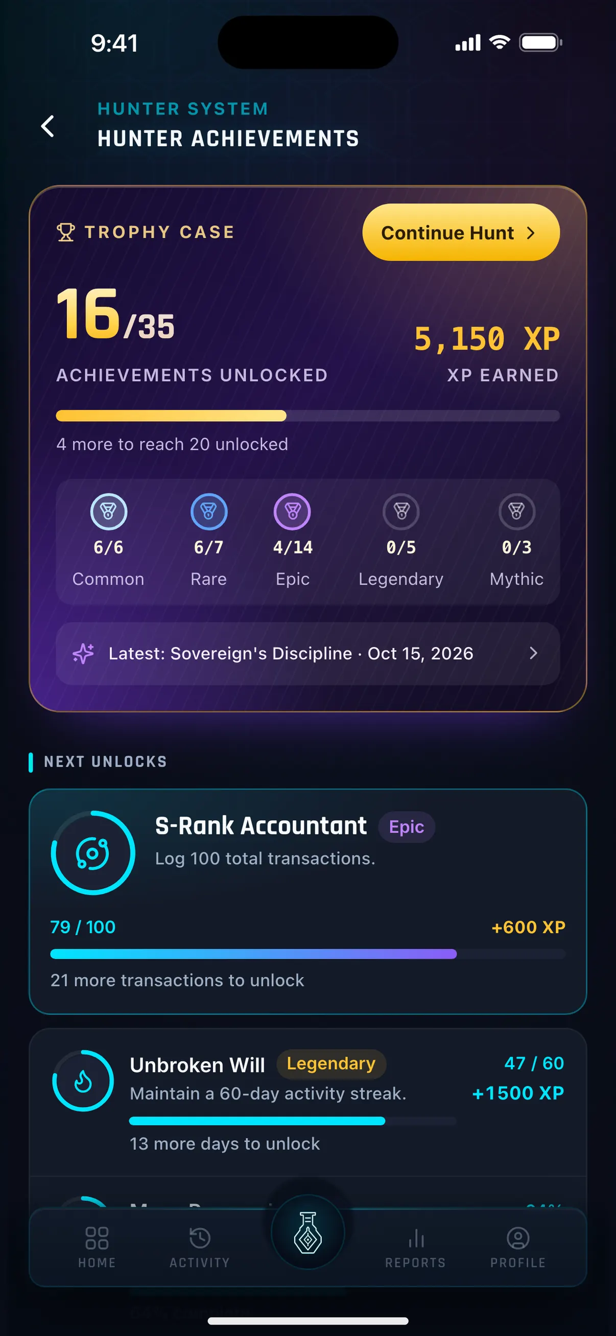 Hunter Vault Achievements trophy case with 16 of 35 unlocked, XP earned and the next achievements to unlock