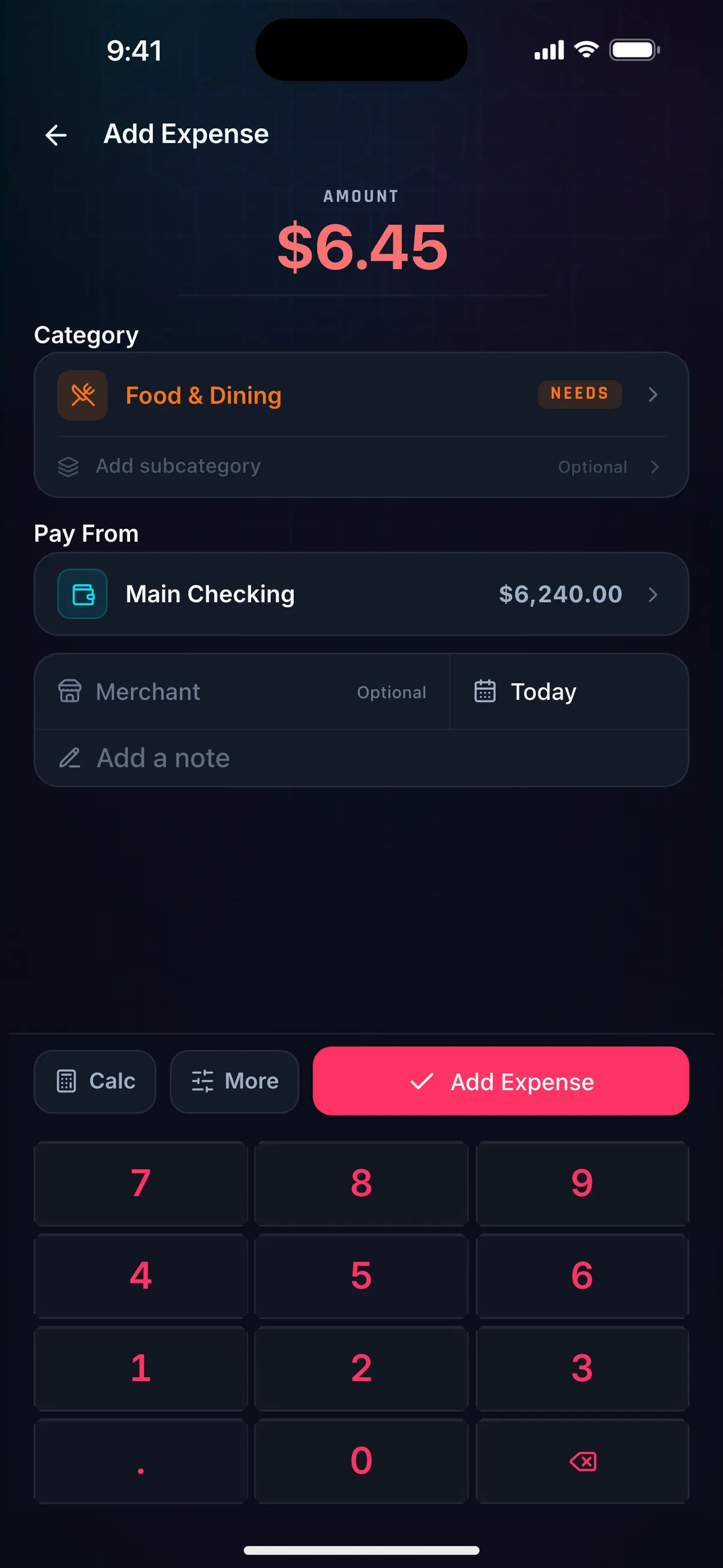 Hunter Vault Add Expense screen logging $6.45 for Food & Dining on the number keypad