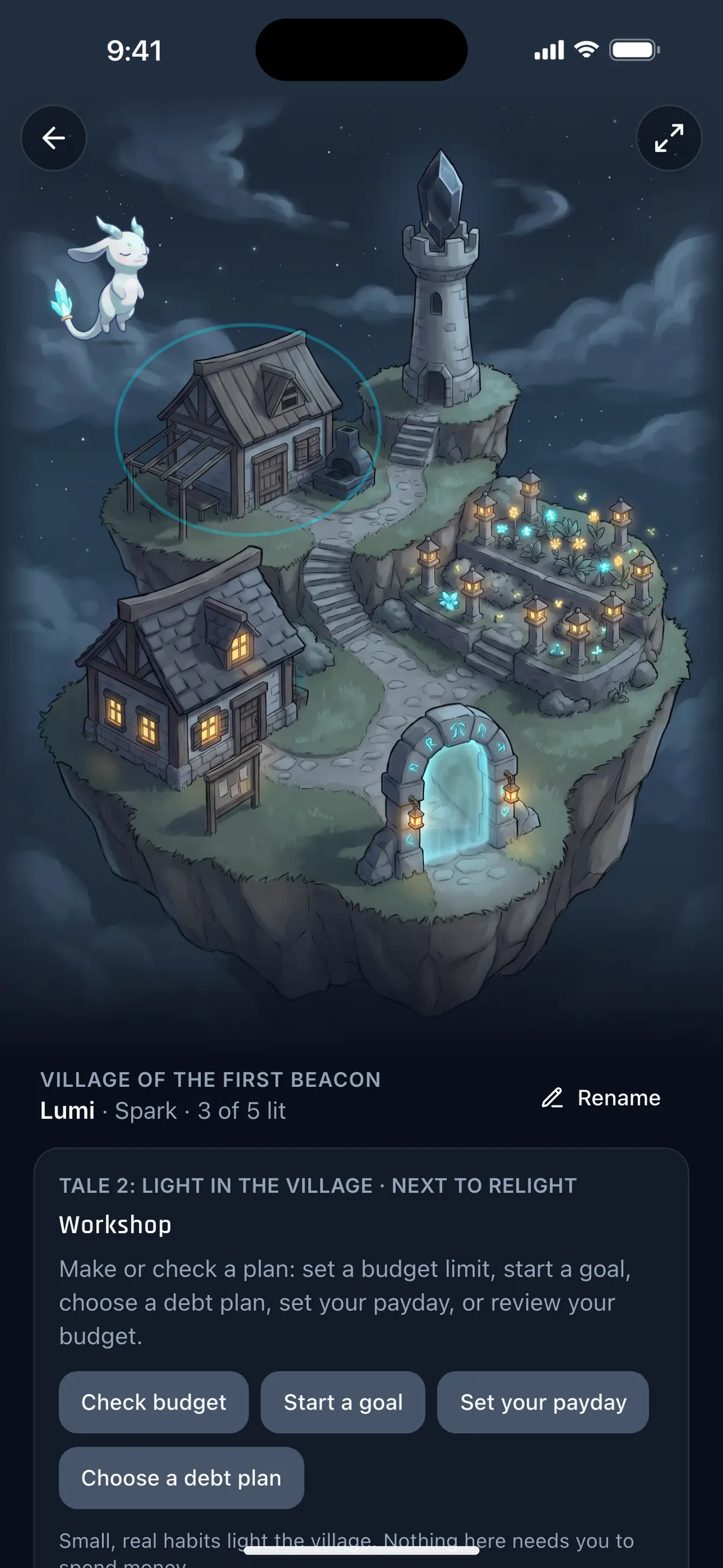 Hunter Vault Adventure screen with the Village of the First Beacon and the spark spirit companion