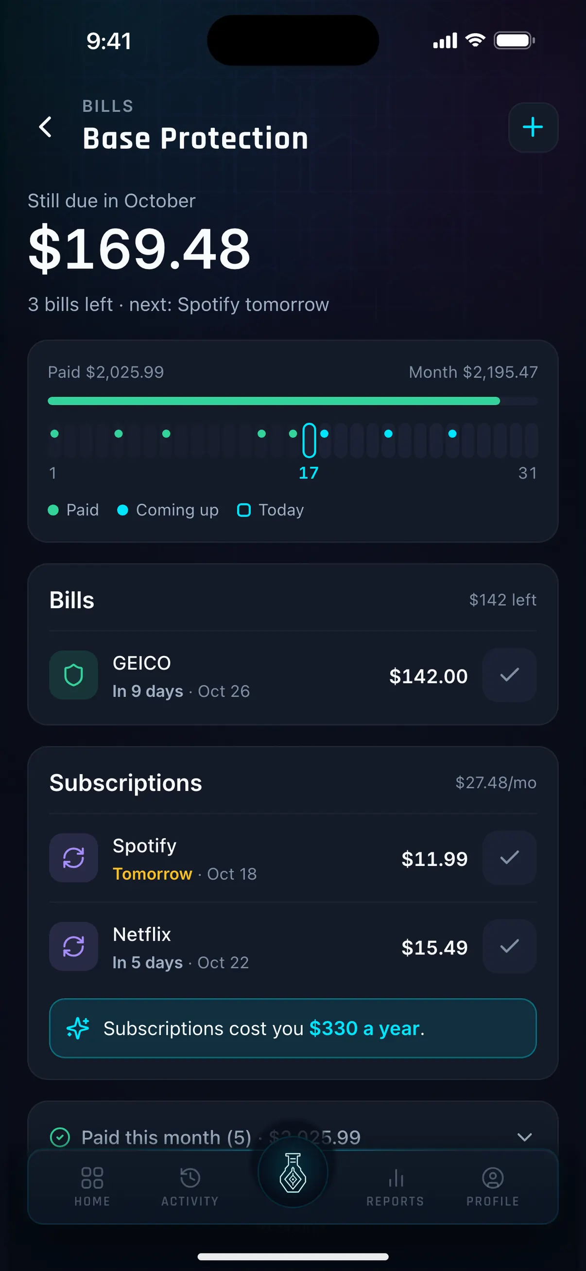 Hunter Vault Bills screen with $169.48 still due this month