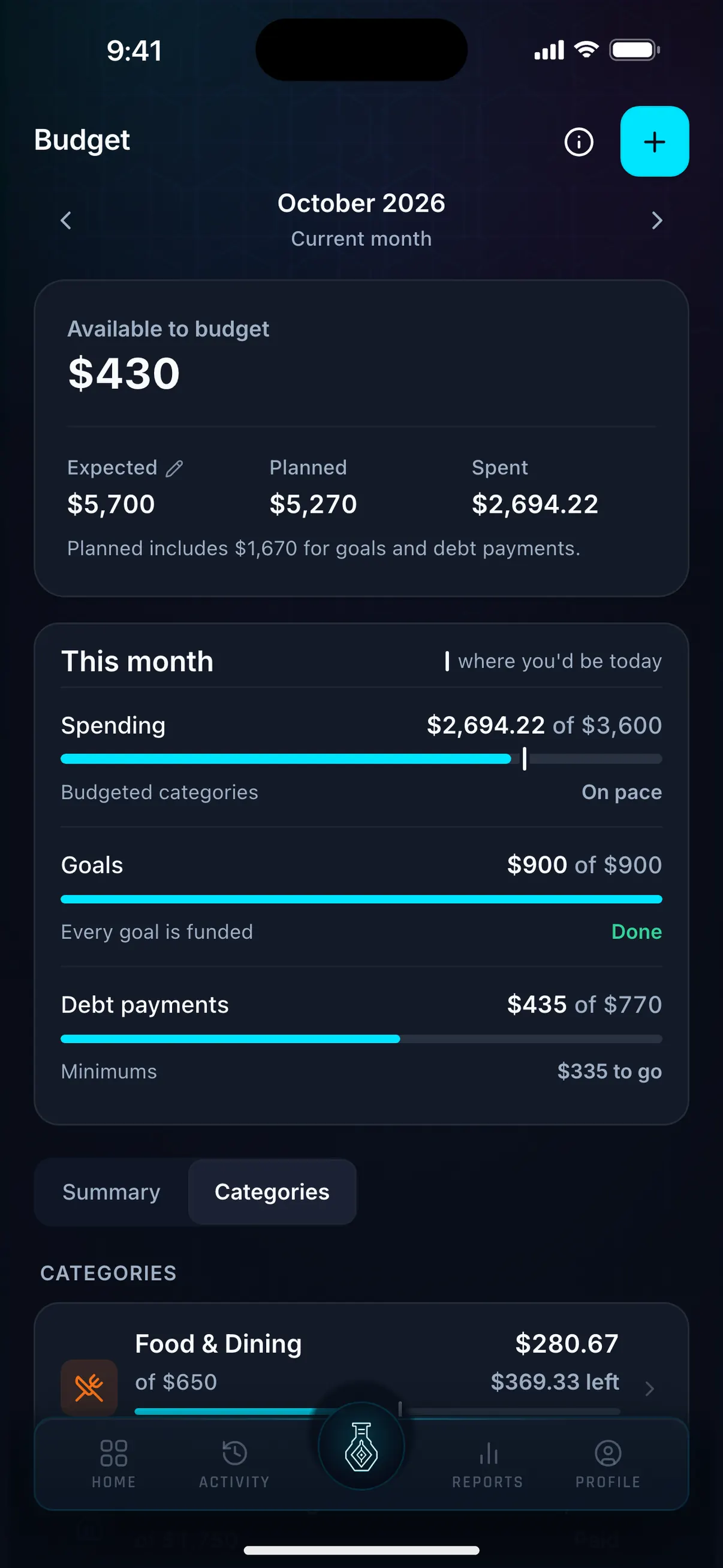 Hunter Vault Budget screen with $430 to assign and each category bar marking where you'd be by today