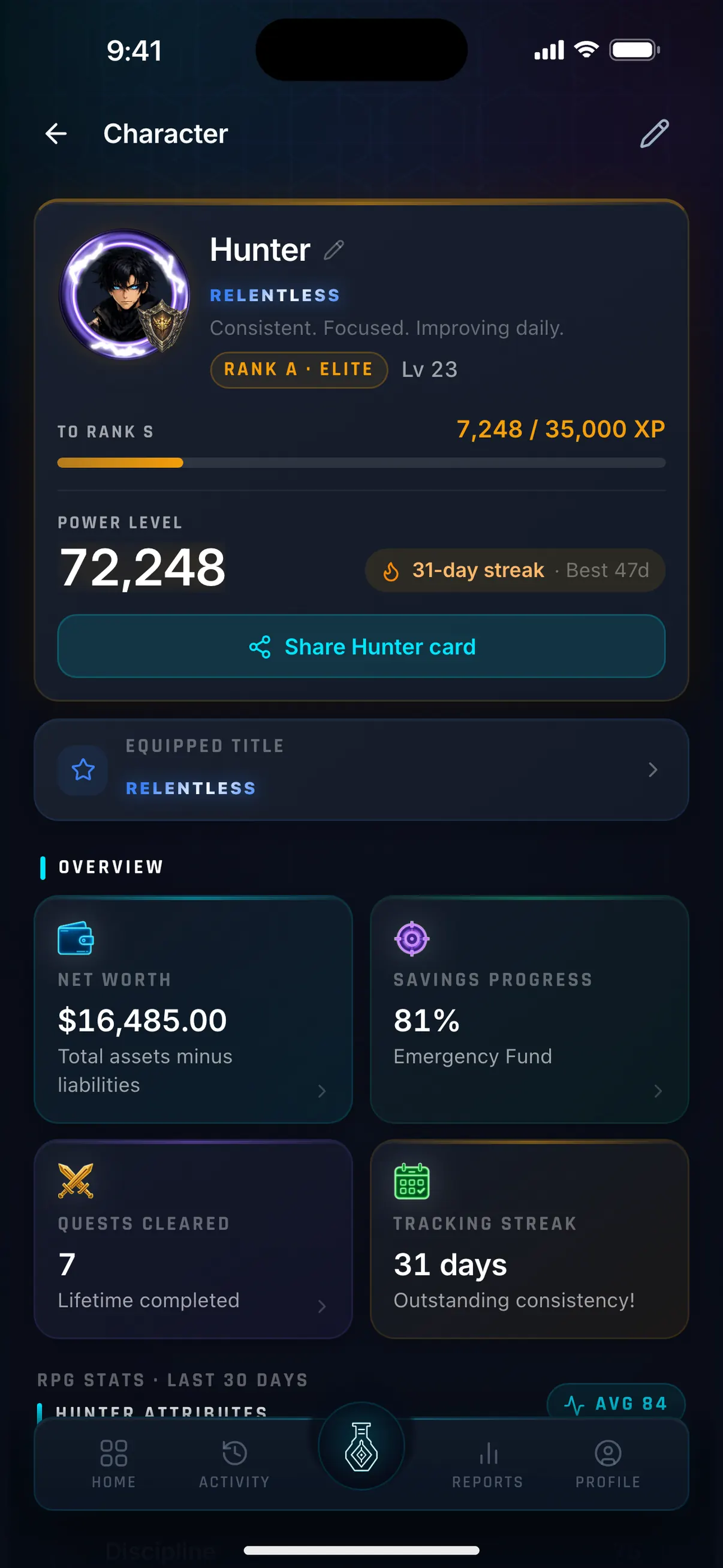 Hunter Vault Character screen with rank A Elite, level 23, XP progress to rank S and a 31-day streak