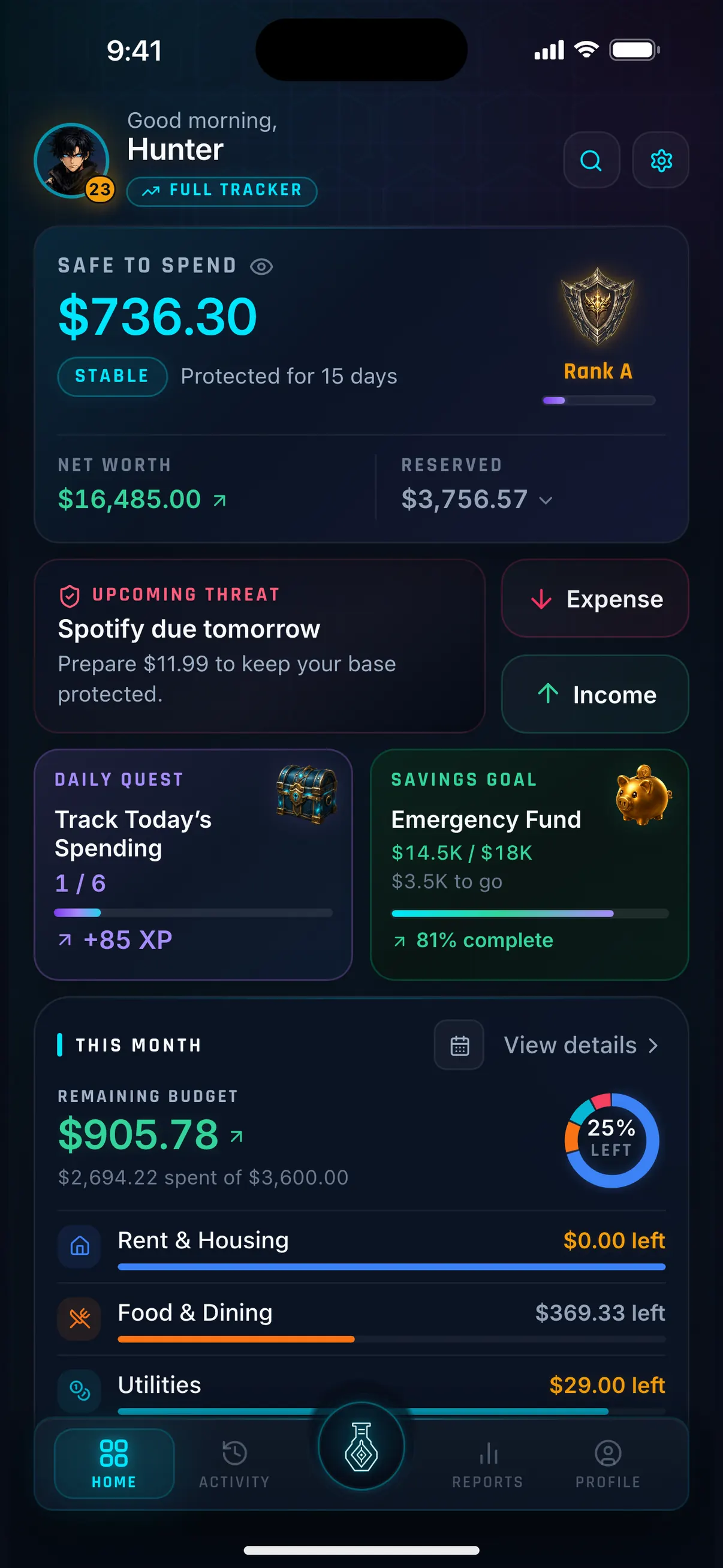 Hunter Vault Home screen with Safe to Spend, your rank, an upcoming bill, a daily quest and a savings goal