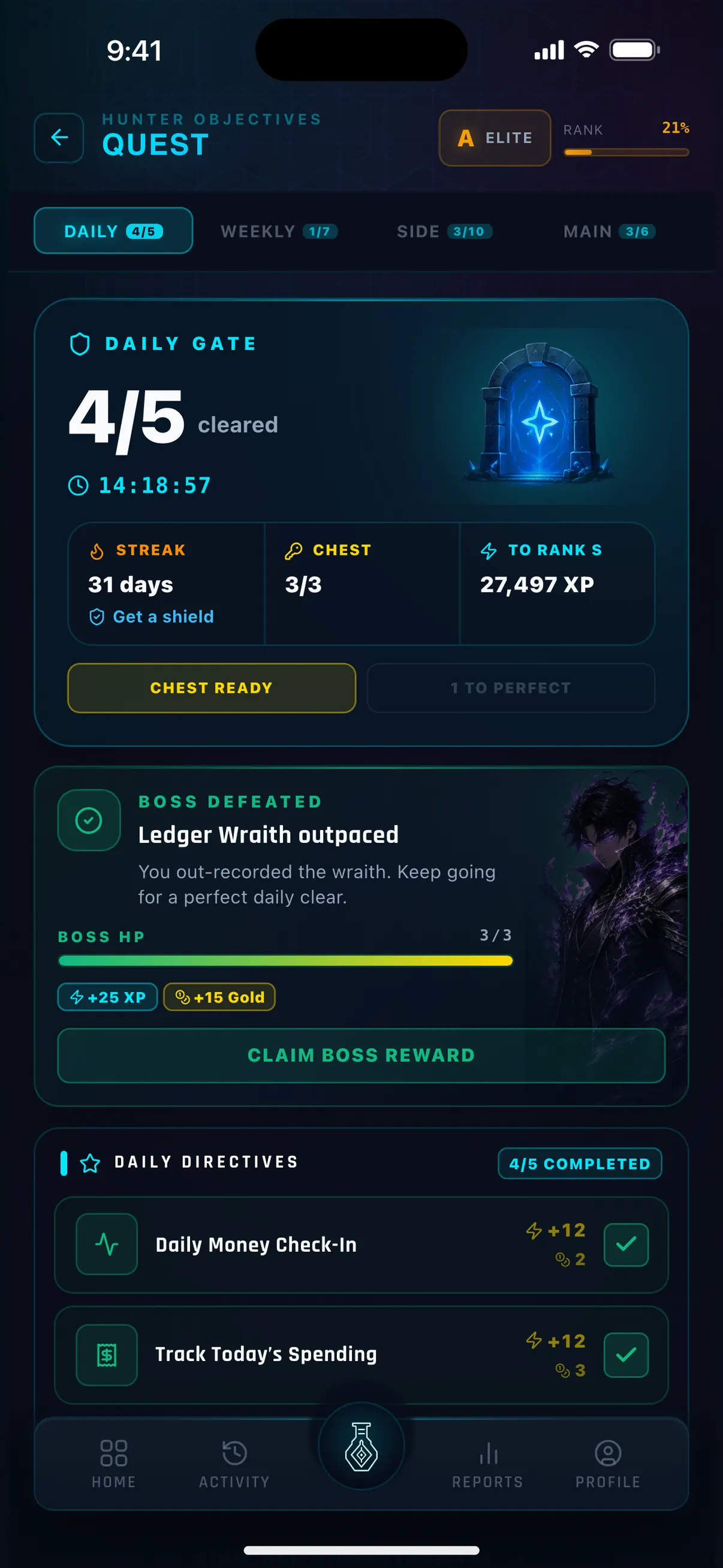 Hunter Vault Quest log with the Daily Gate 4 of 5 cleared and the daily boss defeated