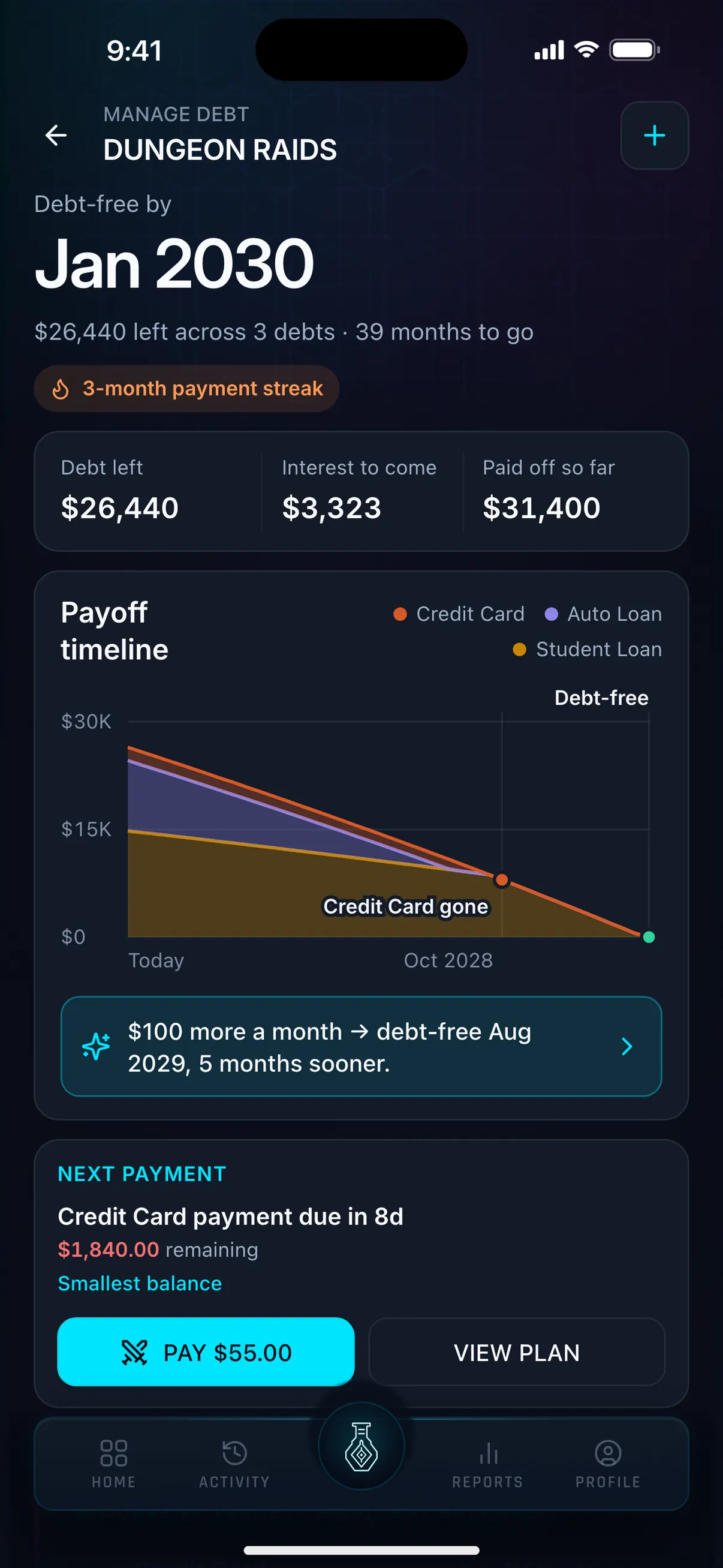 Hunter Vault Dungeon Raids screen showing a debt-free date of January 2030 and a payoff timeline