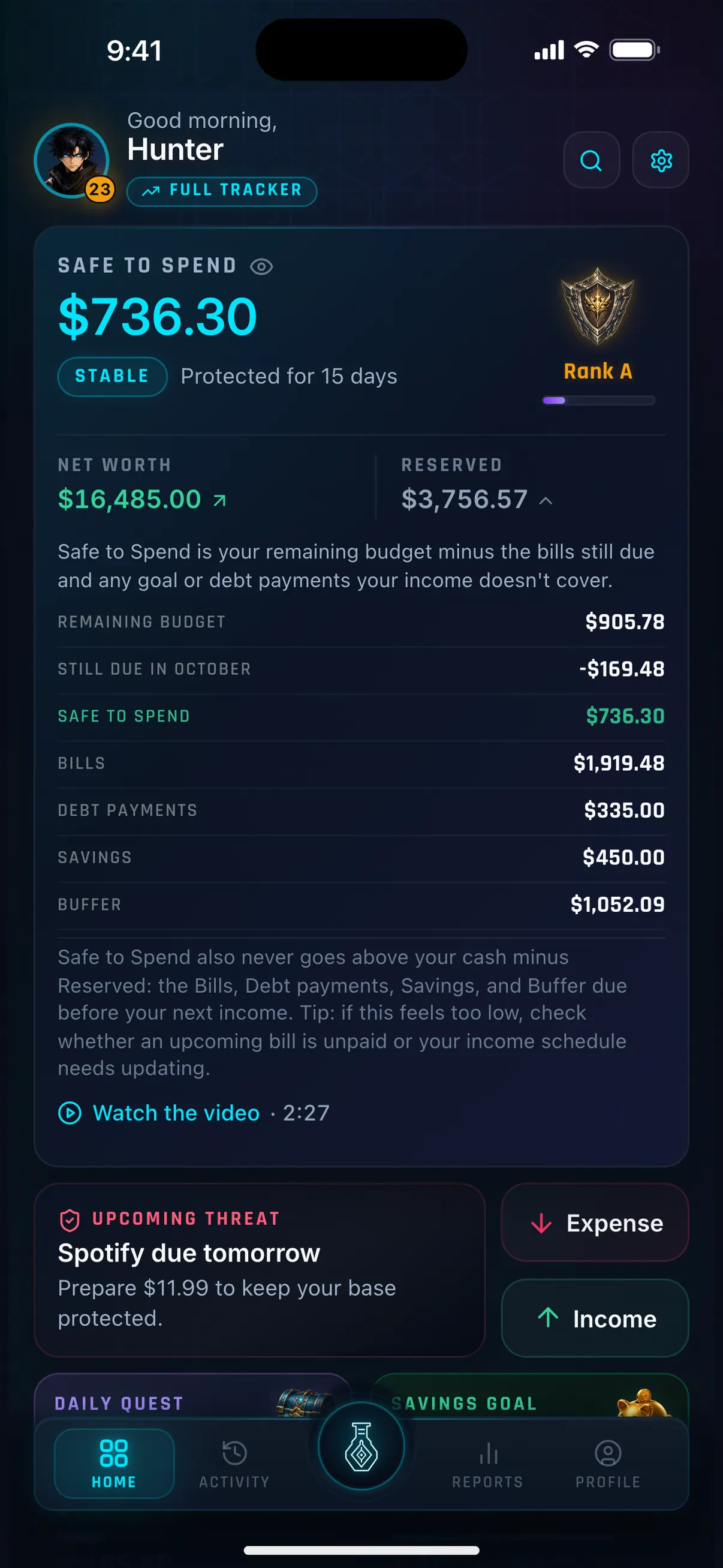 Hunter Vault Safe to Spend breakdown showing the money set aside for bills, debt payments and goals