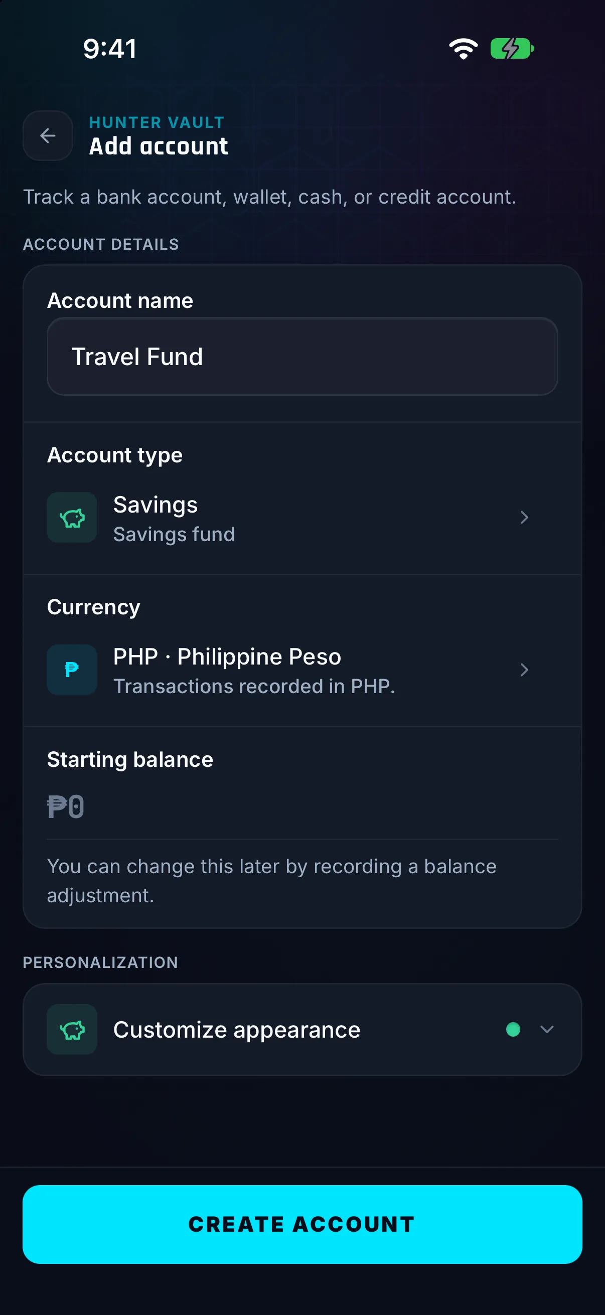 Hunter Vault Add account form where you type the account name, type, currency and starting balance yourself, with no bank login