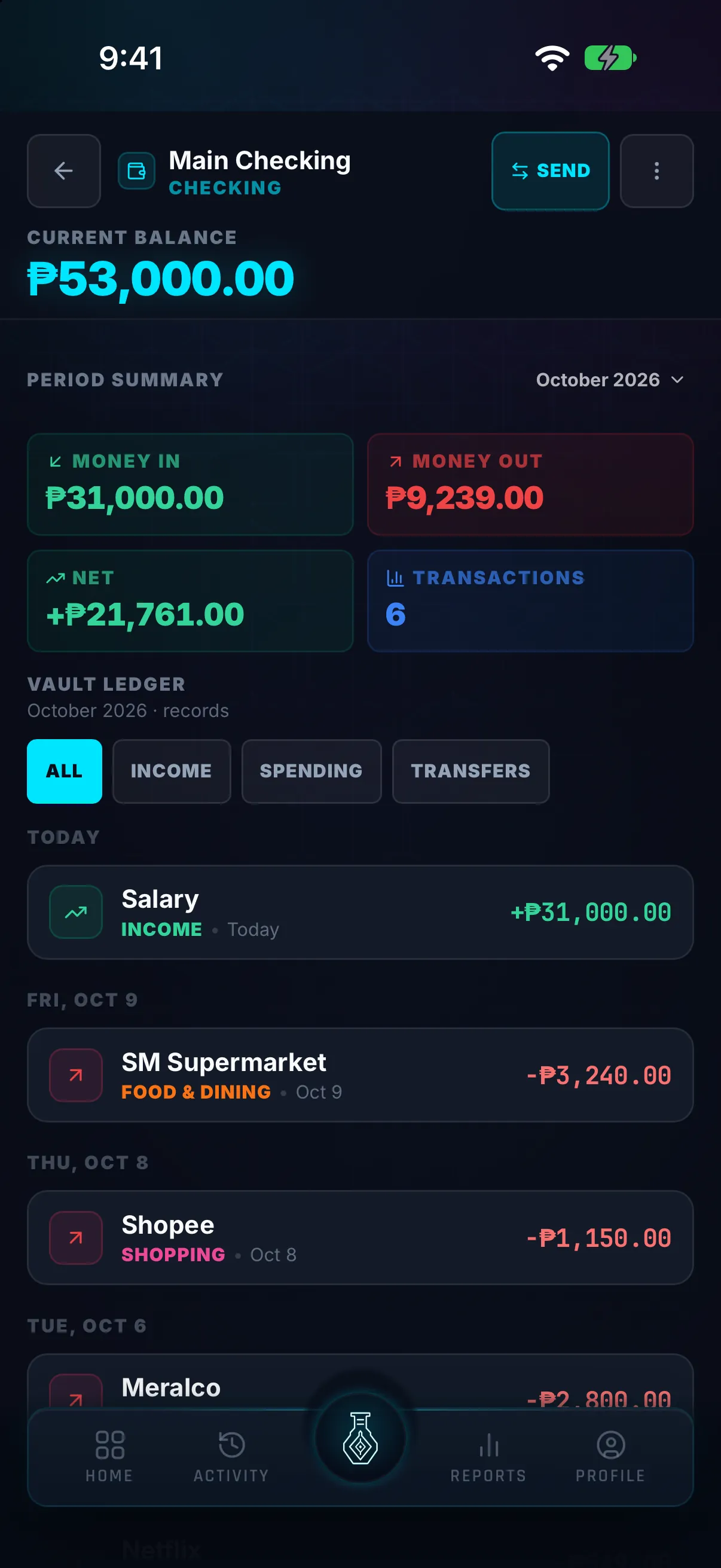 Hunter Vault Main Checking vault showing its current balance, money in and out this month, and the vault ledger