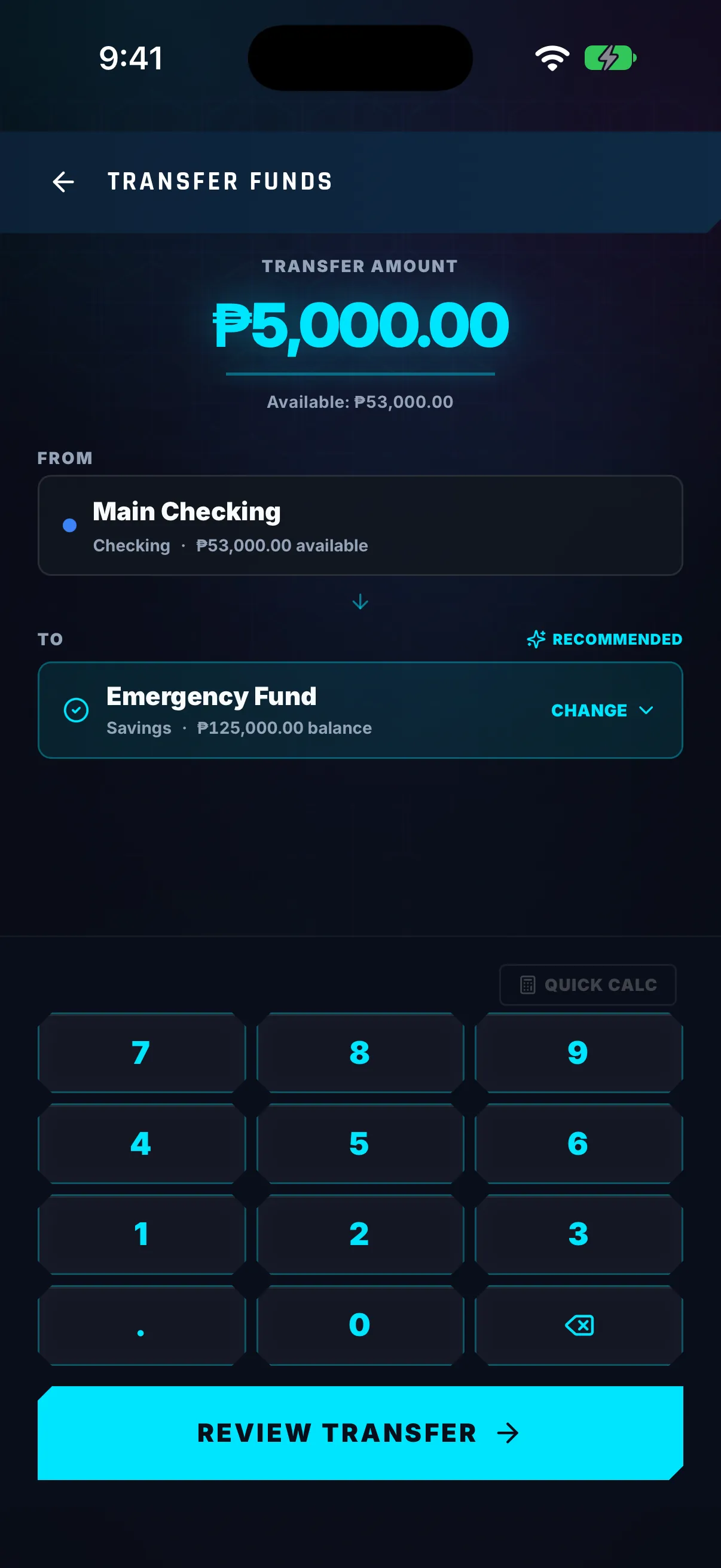 Hunter Vault Transfer Funds screen moving ₱5,000 from Main Checking to the Emergency Fund vault