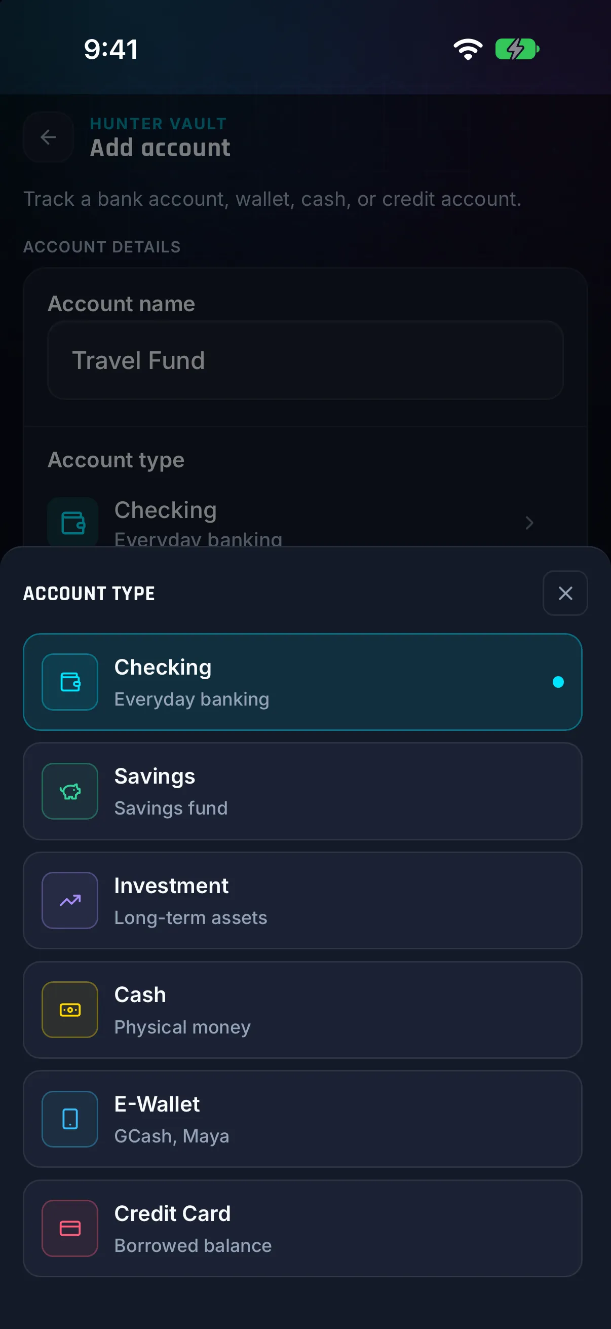 Hunter Vault account type picker with Checking, Savings, Investment, Cash, E-Wallet and Credit Card options