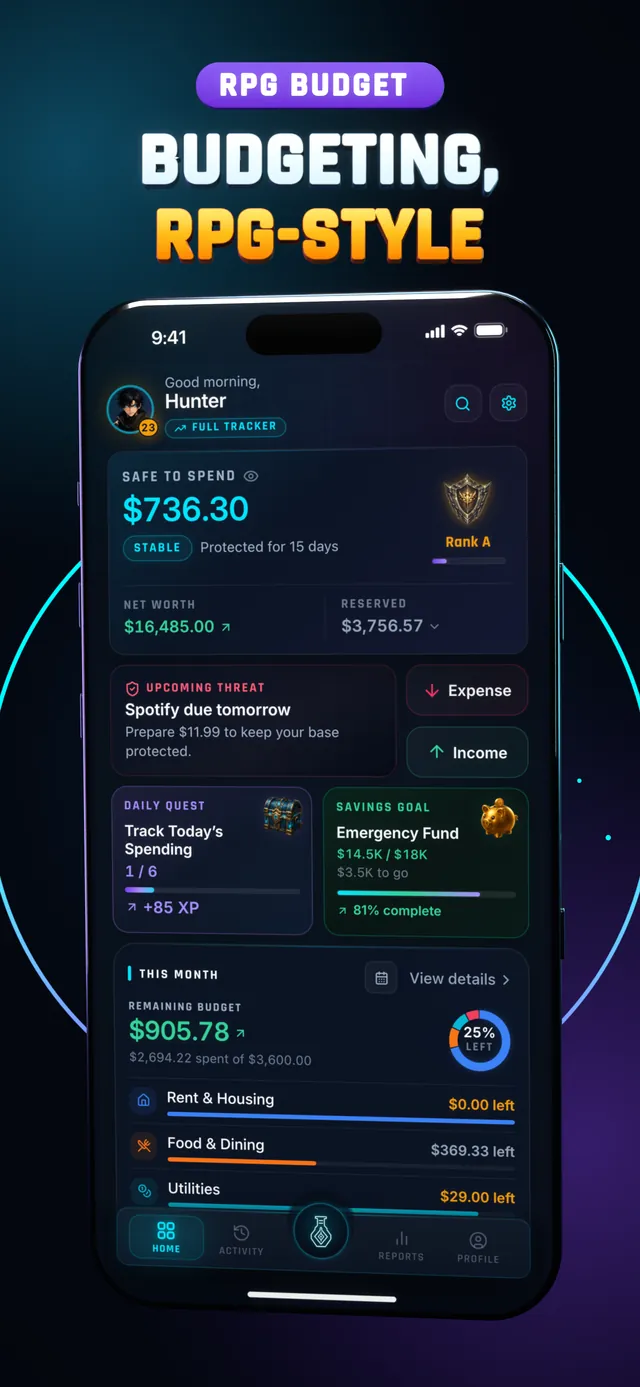 Hunter Vault Home screen with Safe to Spend, rank, an upcoming bill, a daily quest and a savings goal, under the headline Budgeting, RPG-style