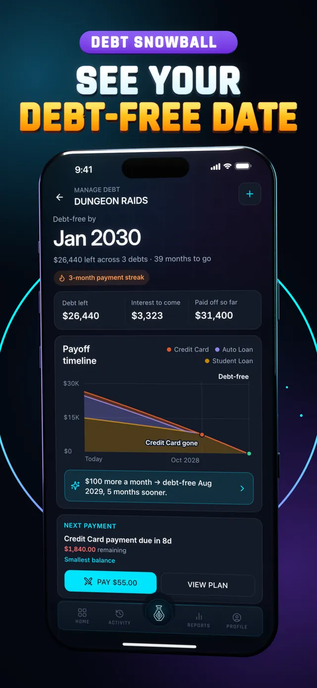 Hunter Vault Dungeon Raids screen with a debt-free date and payoff timeline, under the headline See your debt-free date