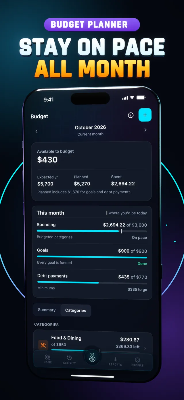 Hunter Vault Budget screen with a pace marker on each category, under the headline Stay on pace all month