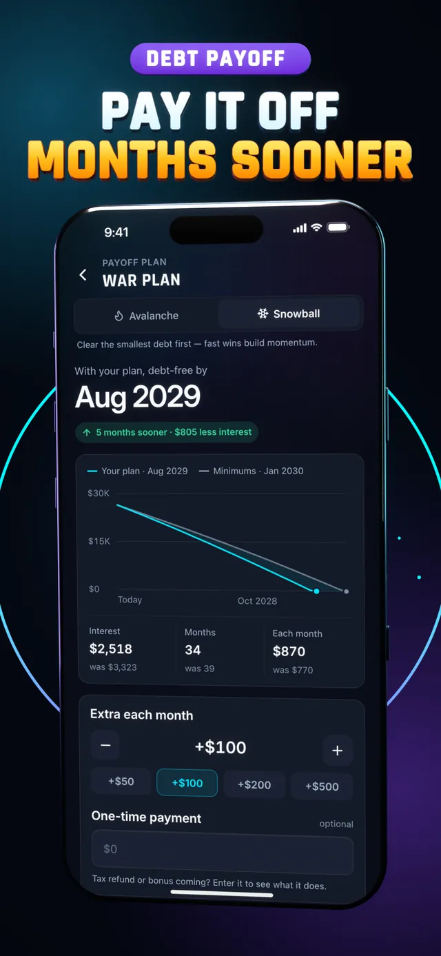 Hunter Vault War Plan showing how an extra payment moves the debt-free date, under the headline Pay it off months sooner