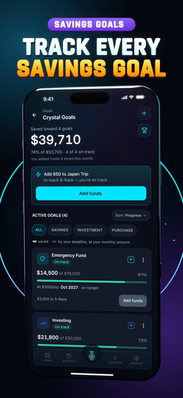 Hunter Vault Crystal Goals screen with each goal's progress, under the headline Track every savings goal