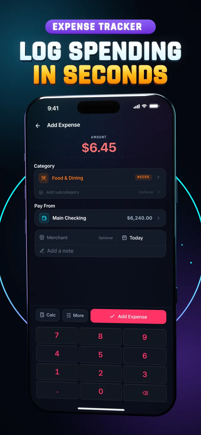 Hunter Vault Add Expense screen with the number keypad, under the headline Log spending in seconds